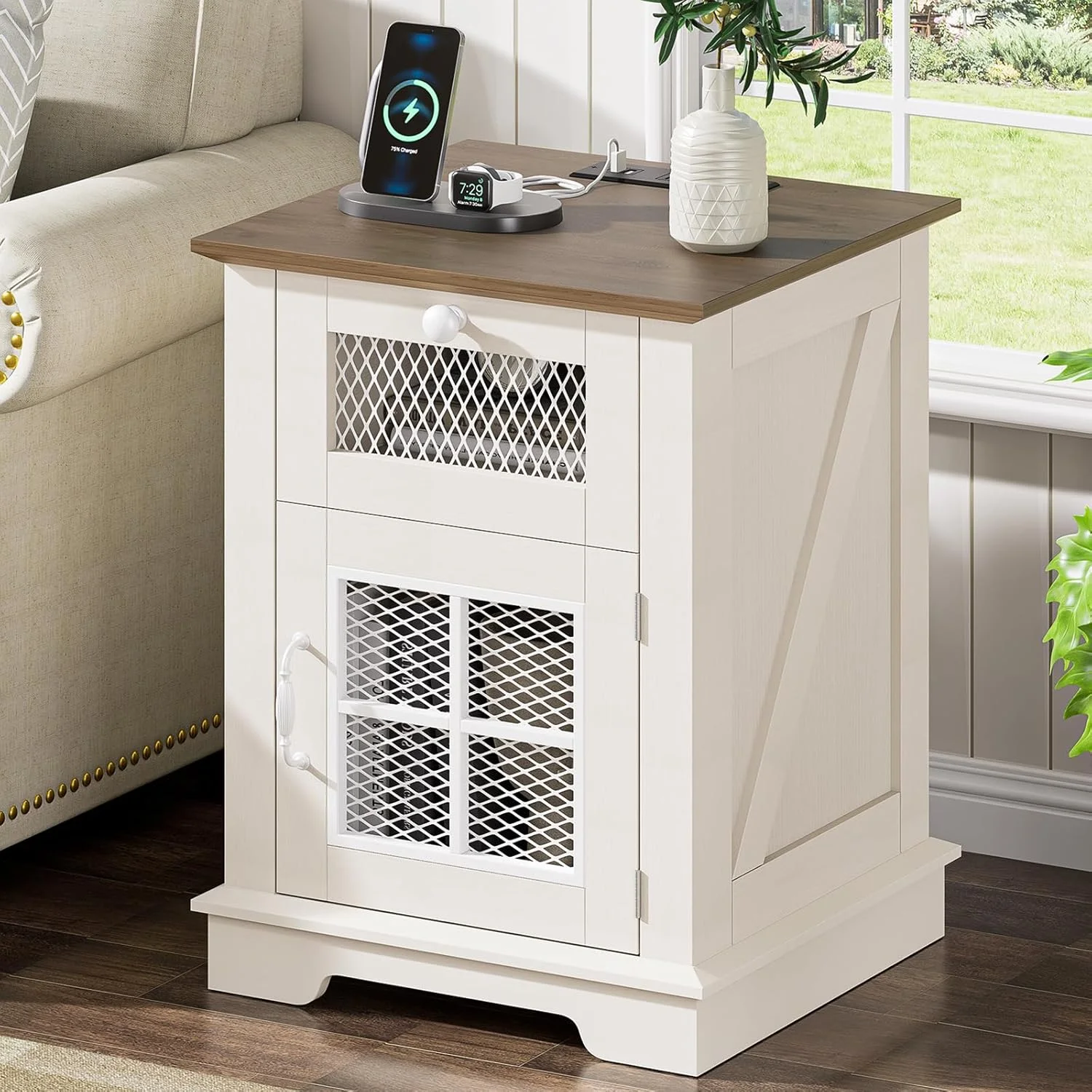 Nightstand Set of 2 with Charging Station, Farmhouse Night Stand Set 2, with 1 Drawer and 1 Cabinet Magnetic Metal Mesh Barn Door, Rustic Wood Bedside for Bedroom, End Table,White (2 Pieces)