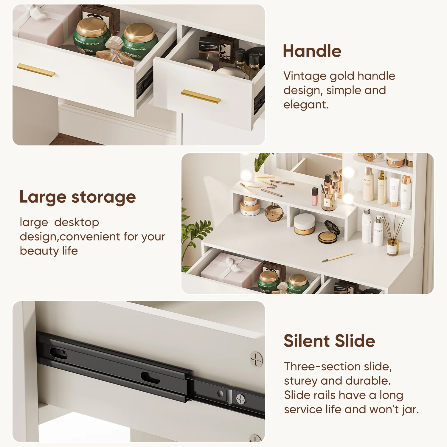 eChamp Makeup Vanity Desk with 3 Color Light & Mirror, Vanity Table with 4 Drawers, Storage Shelf, Power Outlet, Adjustable Brightness Dressing Table, White