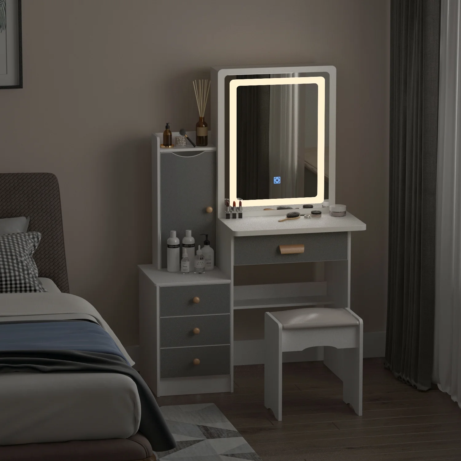 OXYLIFE Makeup Vanity Desk Table with Sliding LED Lighted Mirror, Cushion Stool, 4 Drawers and Shelves, White+Gray
