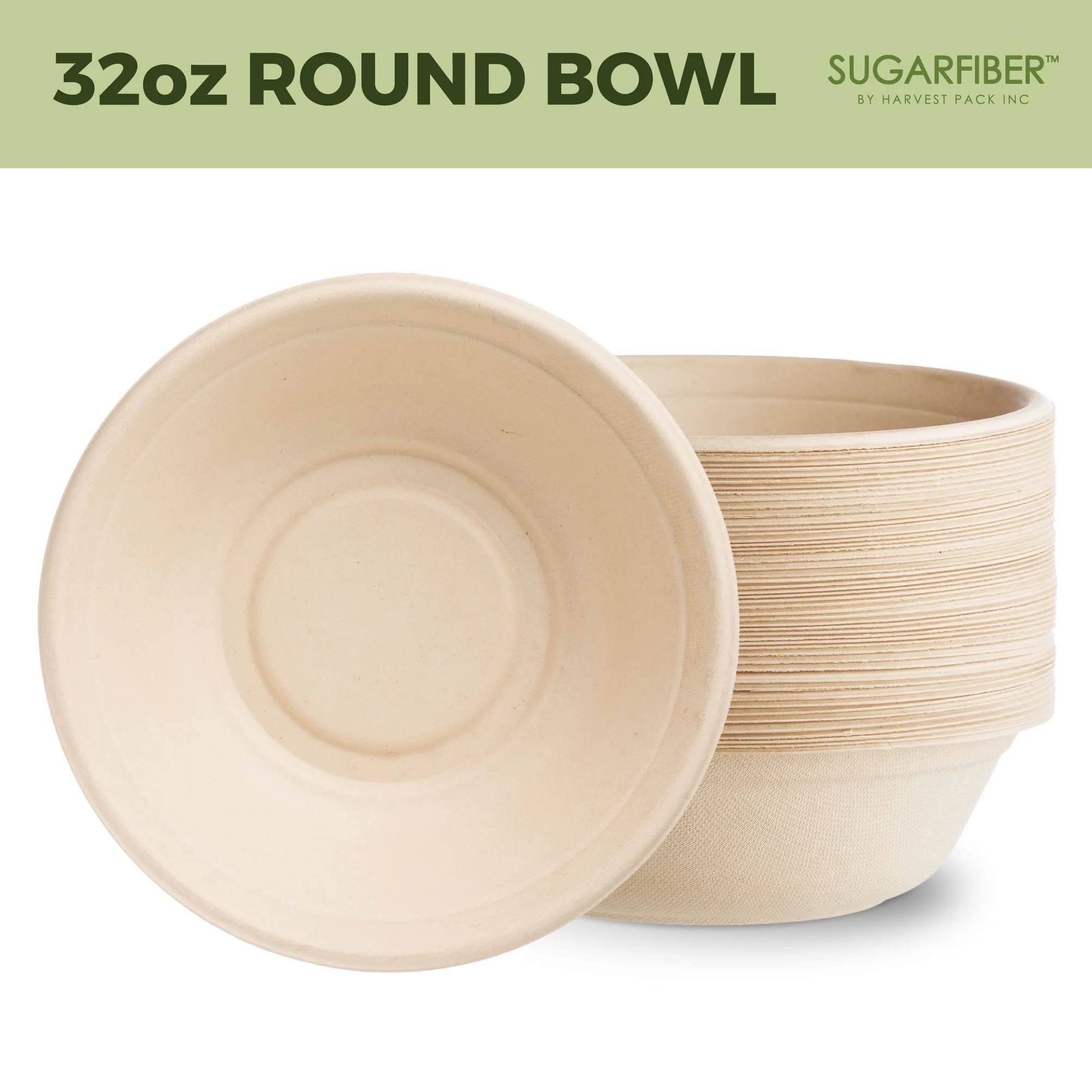 Sugarfiber Disposable 32 oz Compostable Heavy-Duty Round Paper Bagasse Bowls 500 Count