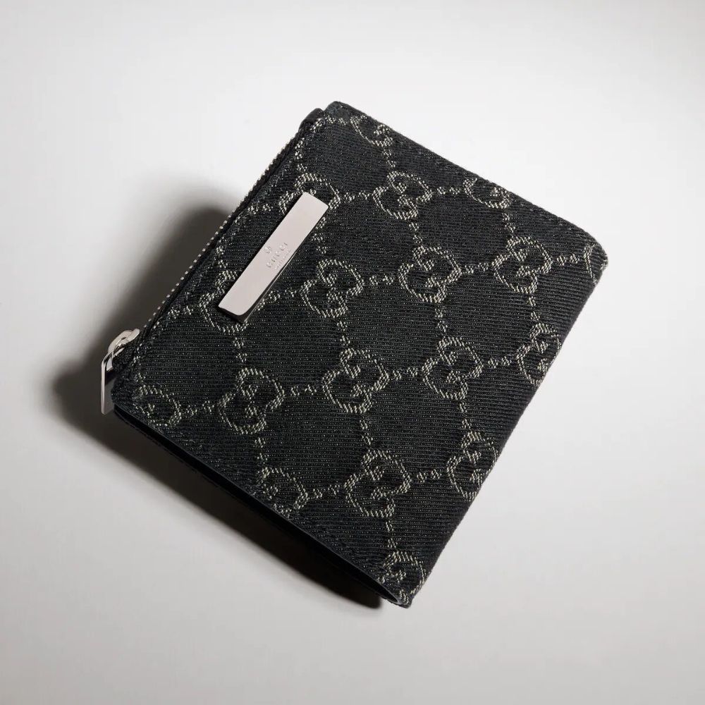 Gucci Small Wallet GG Denim Black Plaque 3.9 Inches