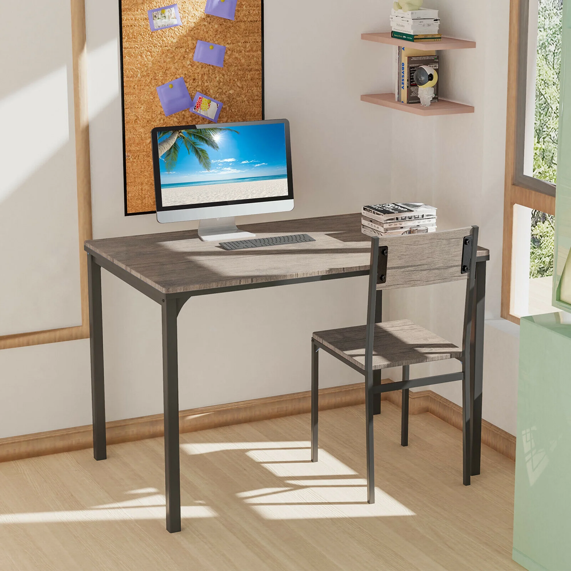 Gymax 4pcs Dining Table Set Rustic Desk 2 Chairs & Bench w/ Storage Rack Grey