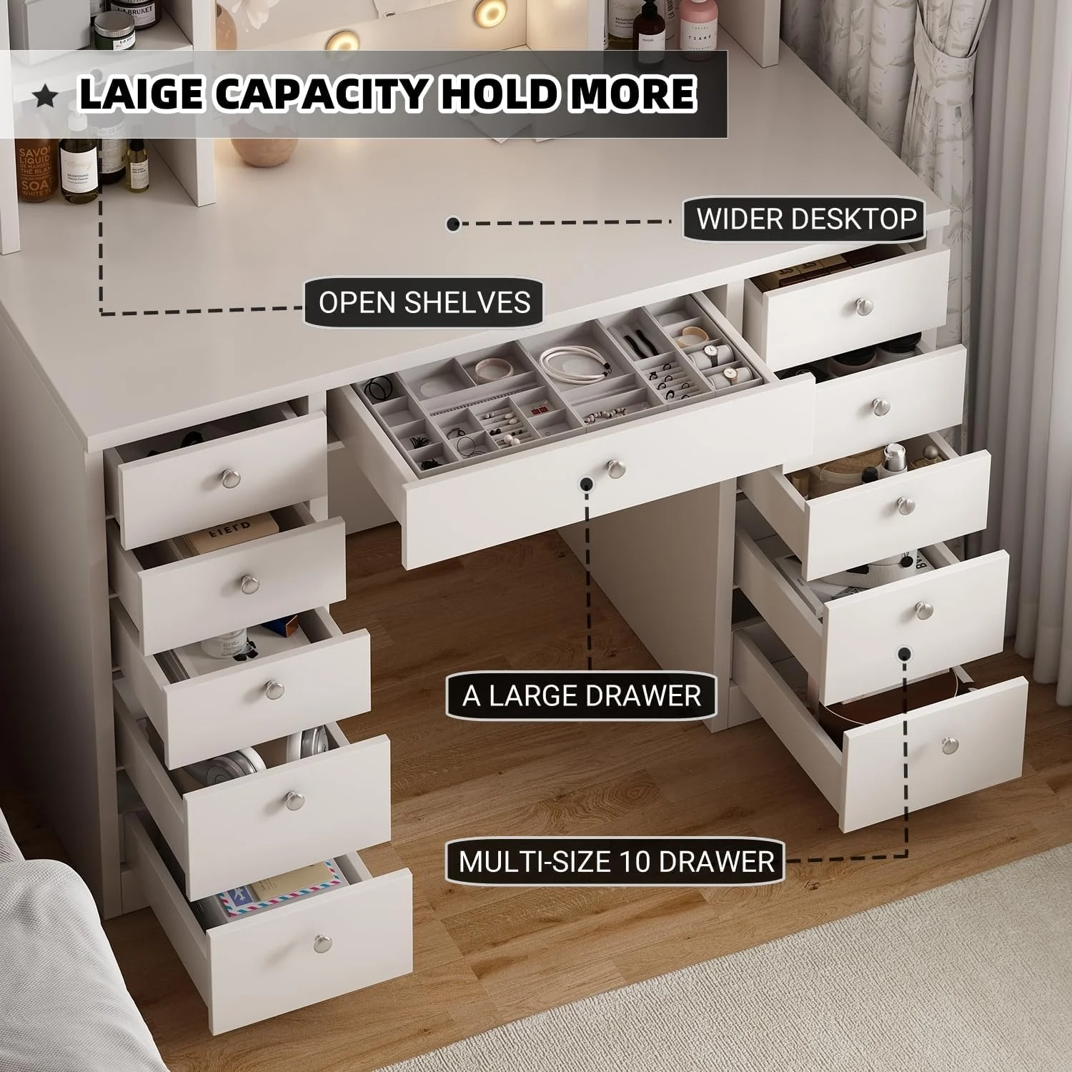 Makeup Vanity Desk with LED Mirror, 11 Drawers & Shelves, 3 Color Modes & Adjustable Brightness