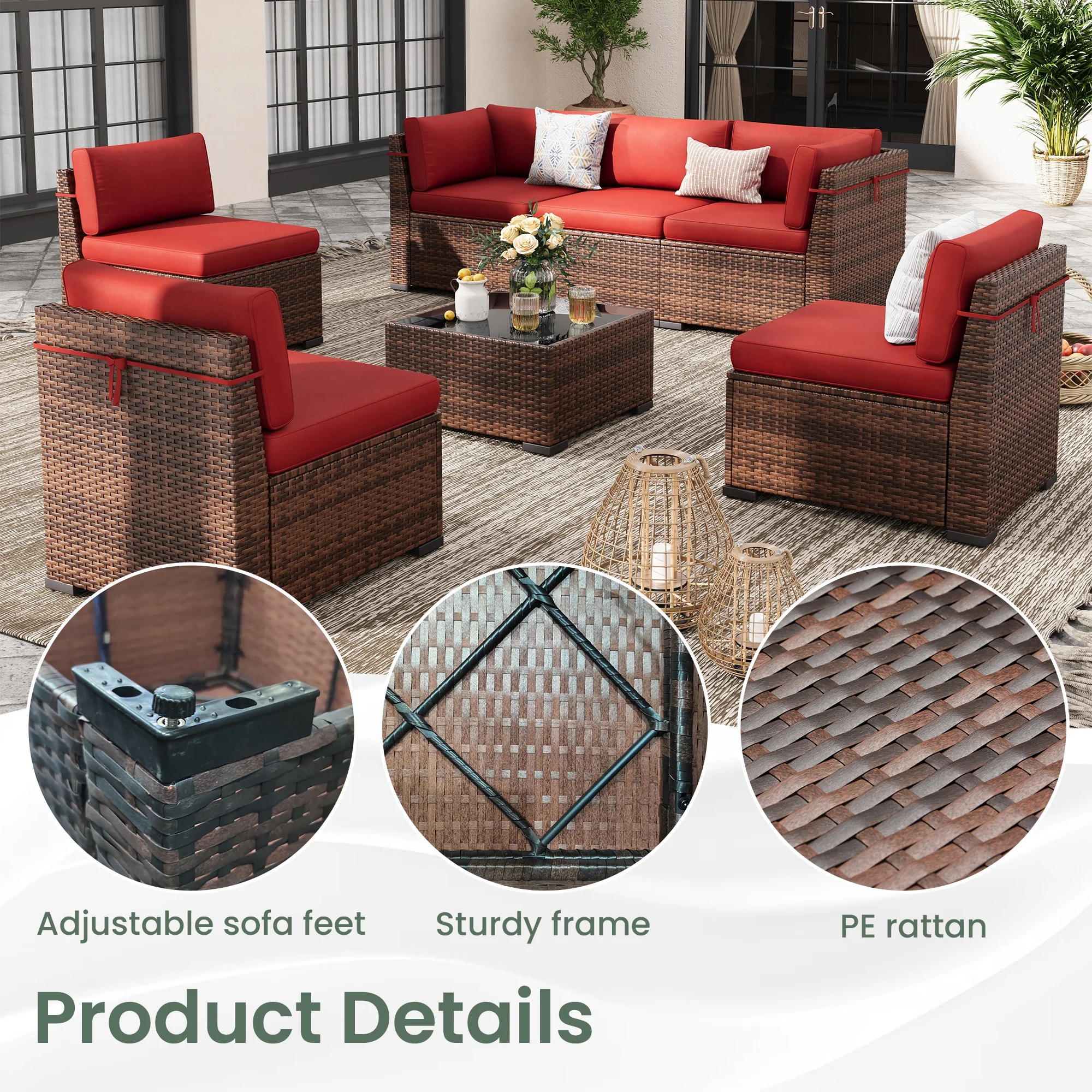 Poteban 7 Pieces Outdoor Sectional Sofa Set , PE Wicker Rattan Slanted Back Outdoor Conversation with Cushions and Glass Coffee Table for Backyard Garden, Dark Gray