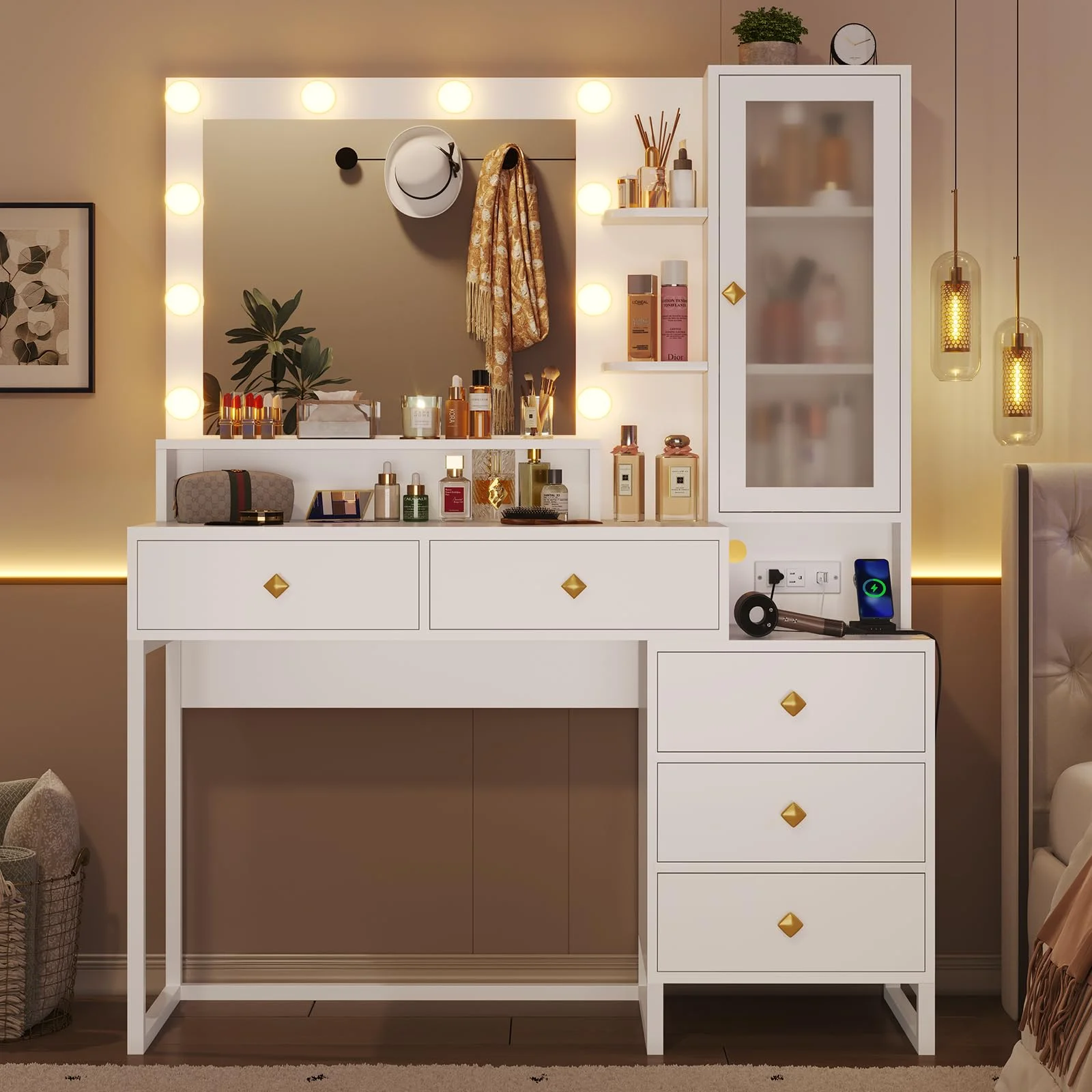 Vanity Desk with LED Lighted Mirror, Makeup Desk with 5 Storage Drawers & 6 Shelves, Vanity Table with Charging Station, Modern Dressing Table with 3 Color Lighting Options, White
