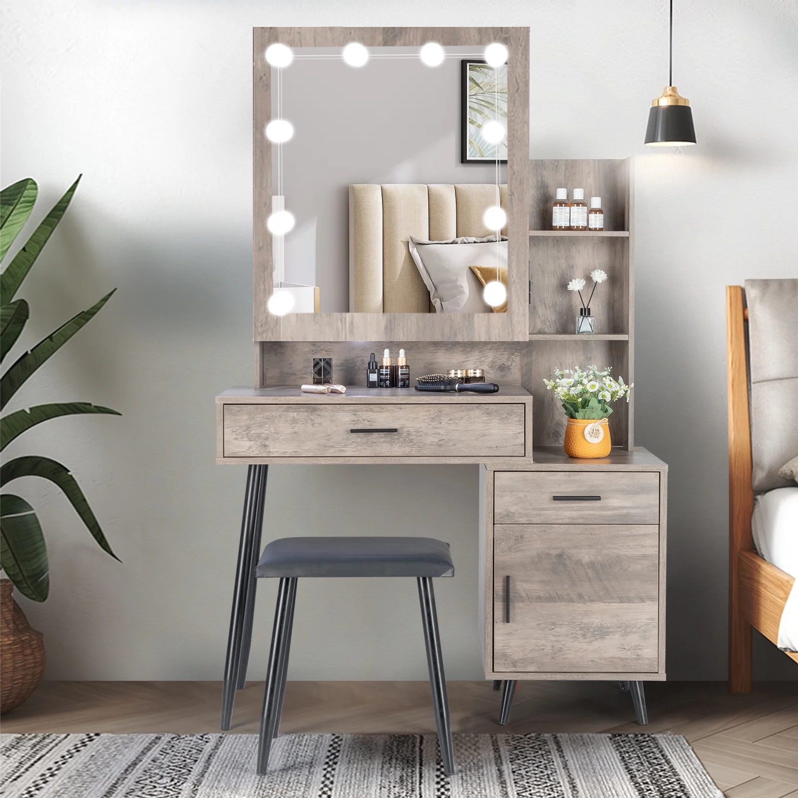 Ktaxon Vanity Set with 3 Color Lighted Mirror & Charging Station, Makeup Table with 3 Storage Shelves & Drawers, Dressing Table Makeup Desk with Stool,Retro Gray
