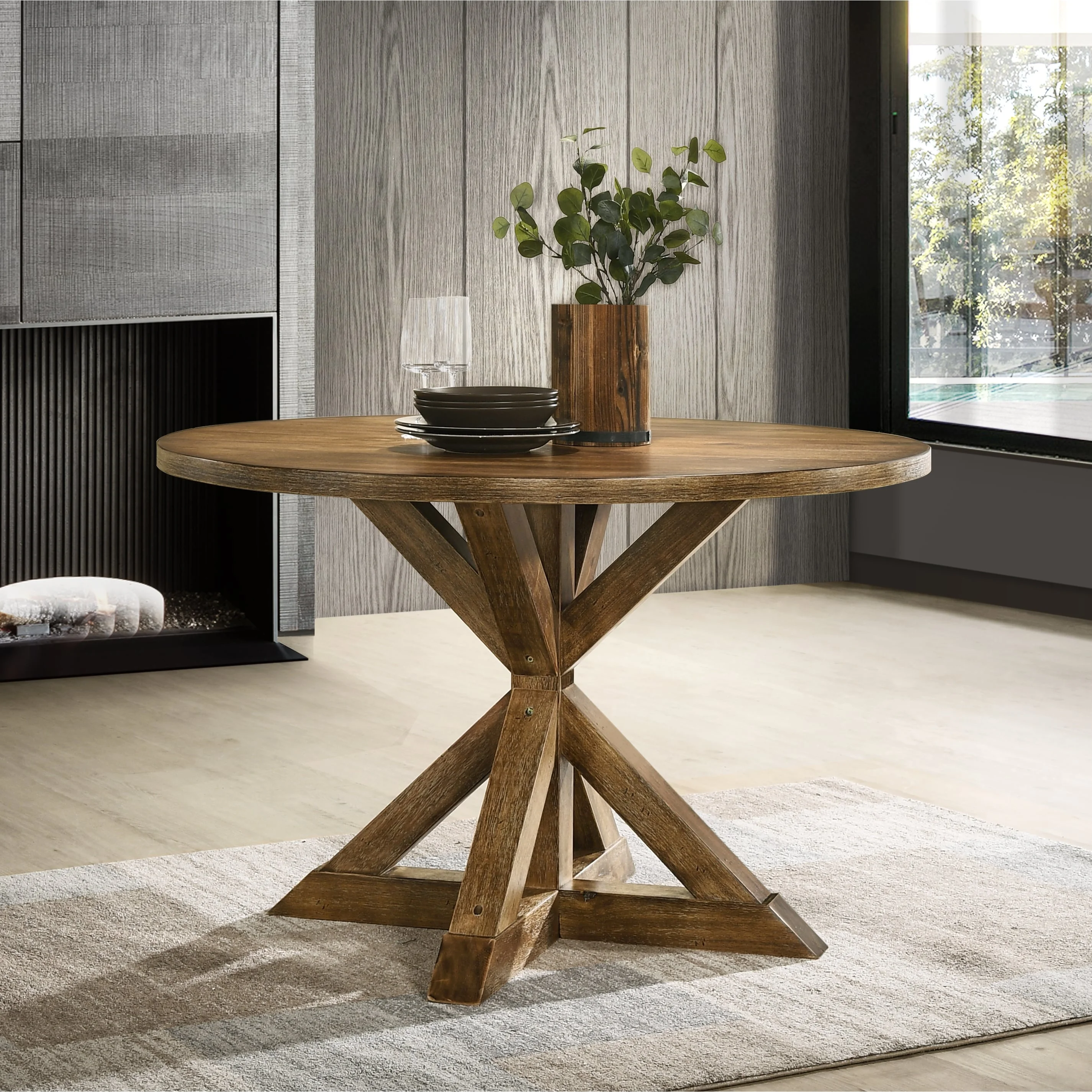 Roundhill Furniture Windvale 5-Piece Dining Set, Cross-Buck Round Table with 4 Stylish Chairs, Oak