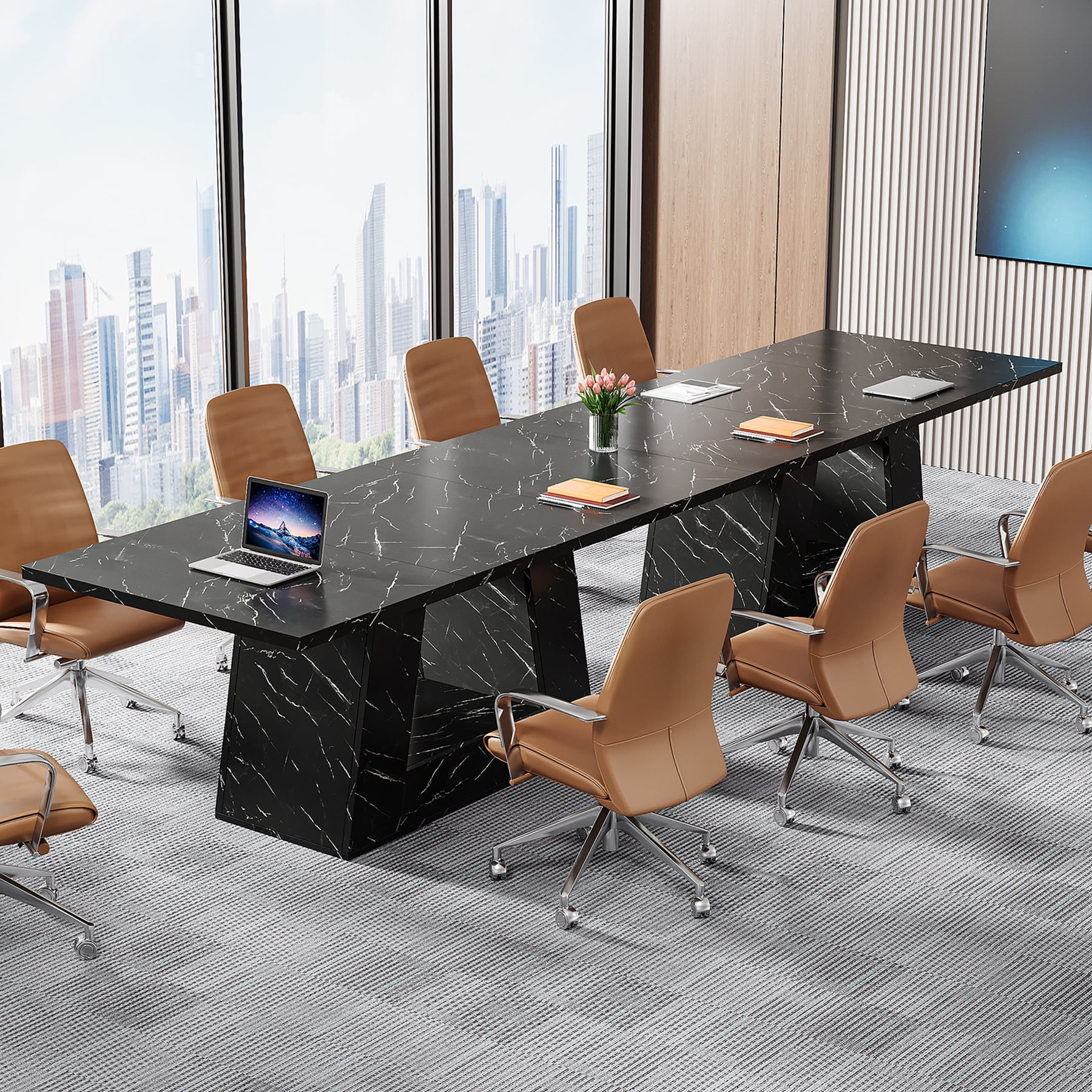 Tribesigns Modern Computer Desk, 63 inch Wooden Faux Marble Study Writing Table with Sturdy Base for Home Office, Black
