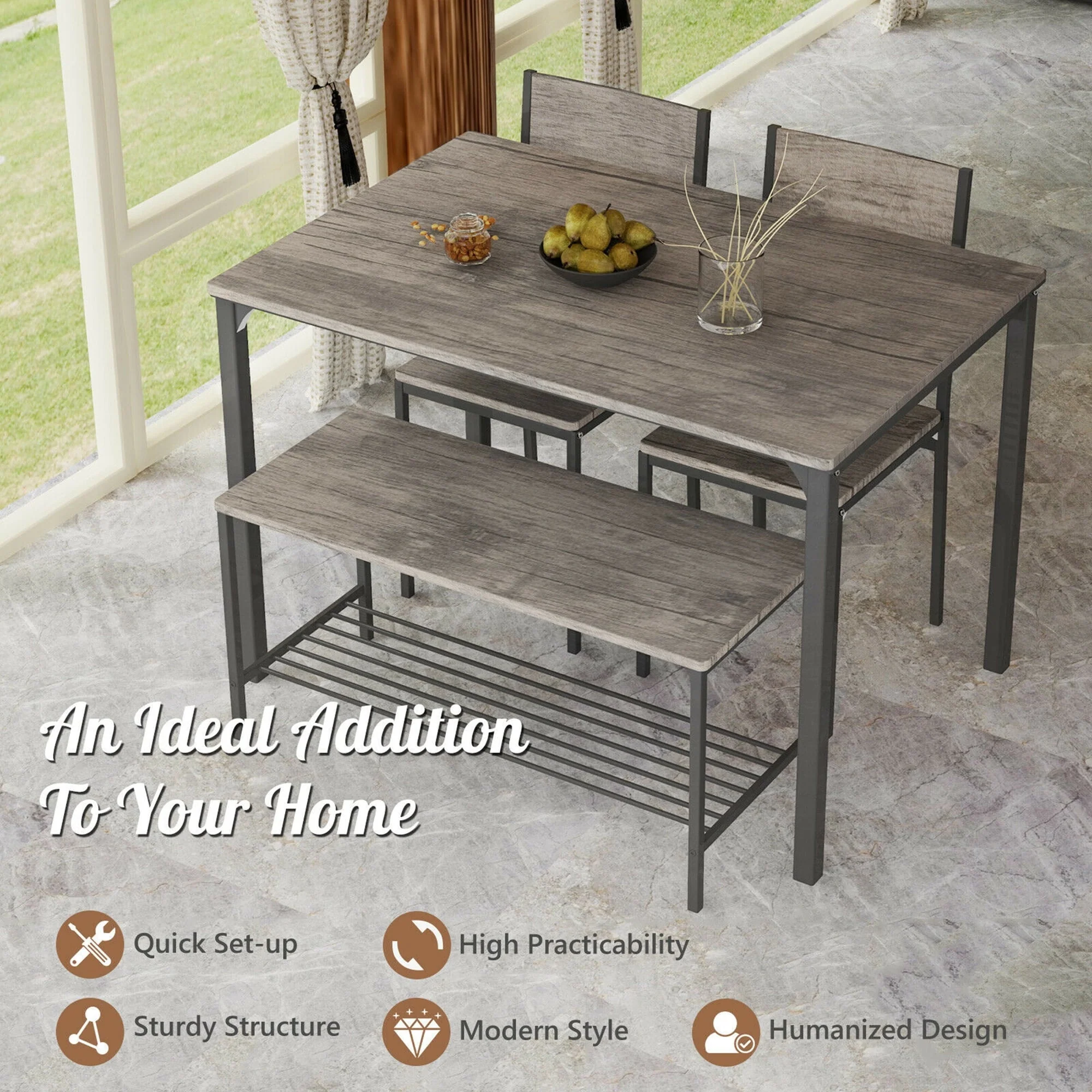 Gymax 4pcs Dining Table Set Rustic Desk 2 Chairs & Bench w/ Storage Rack Grey