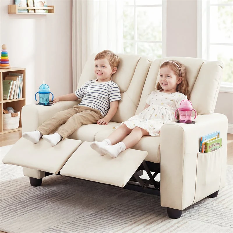 2-Seater Kids Recliner. PU Leather Reclining Loveseat with Cup Holders & 2 Side Storage Pockets. Adjustable Double Toddler Sofa for Boys Girls