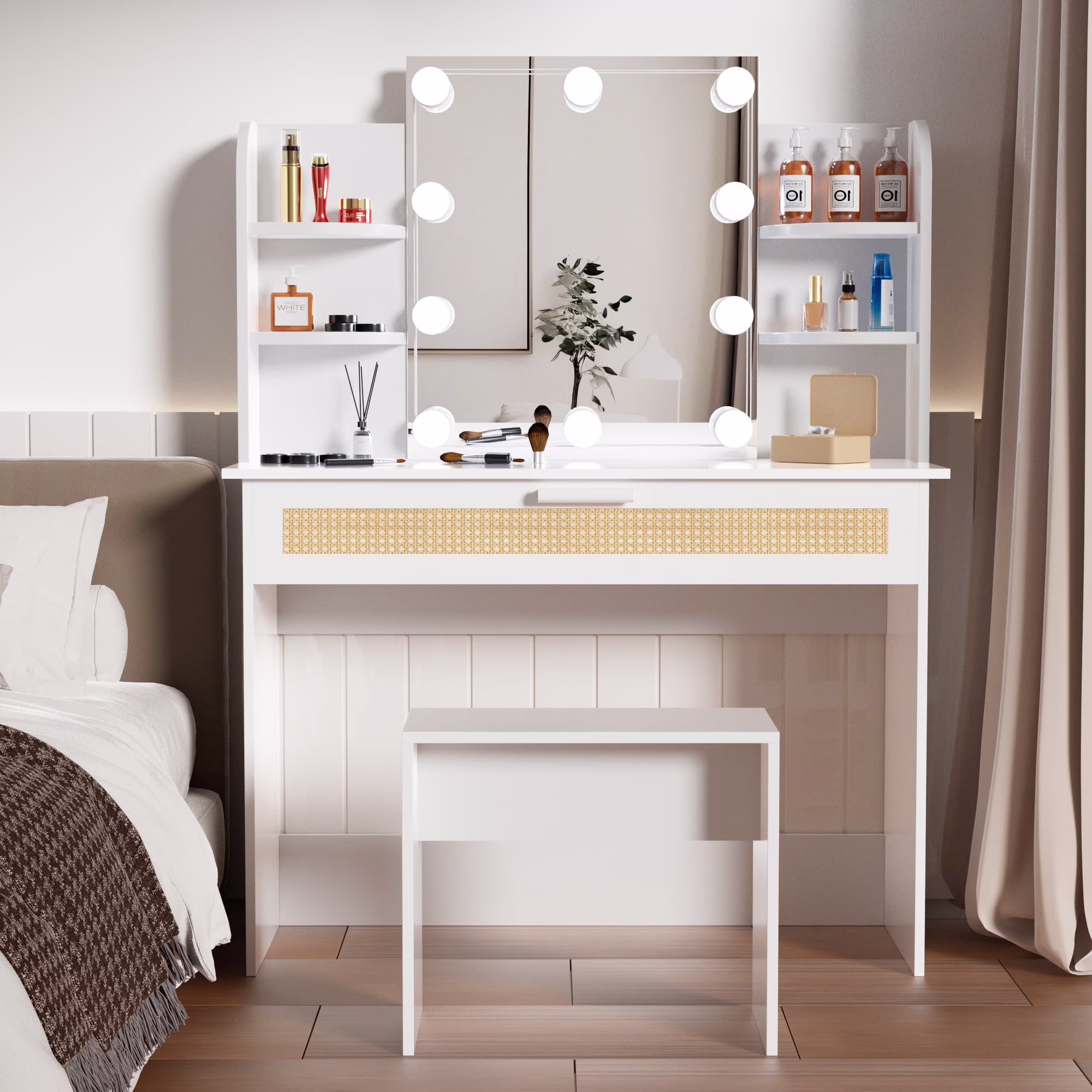 Resenkos Vanity Desk Set with Mirror and Lights for Makeup, 5 Drawers Storage Dresser for Bedroom, White