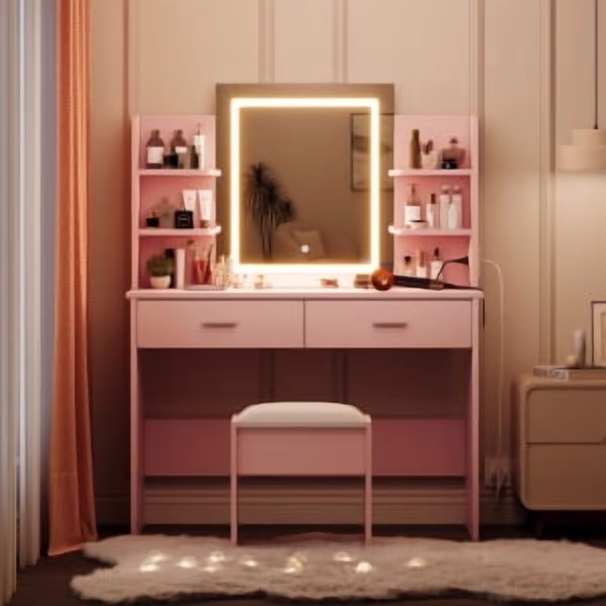 OYang Makeup Vanity Desk with Lighted Mirror and Stool, Vanity Table and Chair Set with 2 Storage Drawer 4 Shelves, Power Outlet, 3 Color Modes Adjustable LED Mirror & Stepless Dimmable for Bedroom