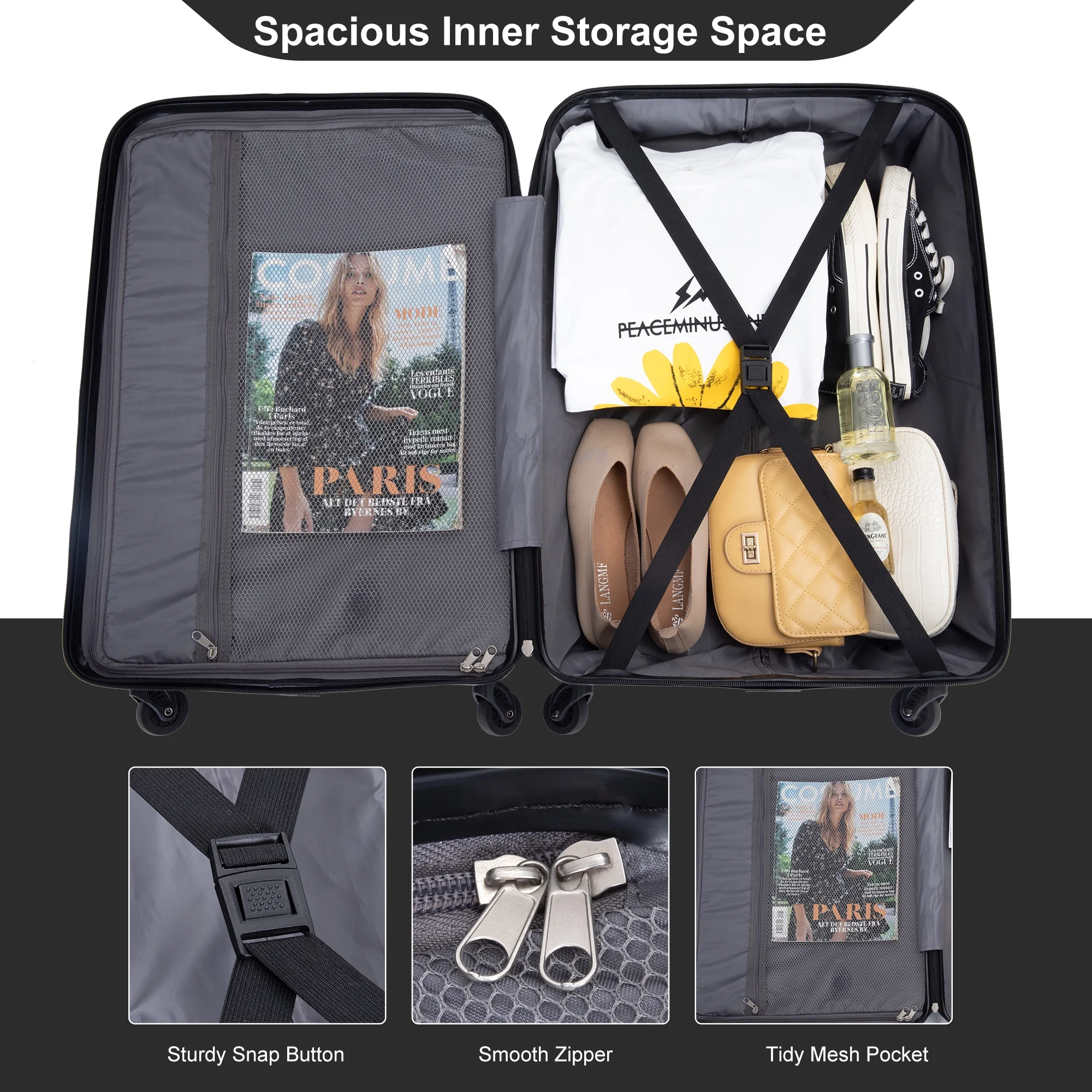 PAPROOS Hardside Luggage Set, 3 Piece 21in 25in 29in Carry on Suitcases Set with 2 Hooks and TSA Lock, Modern Lightweight Luggage Set, Hardshell Expandable Suitcase Set for Family Travel, Black
