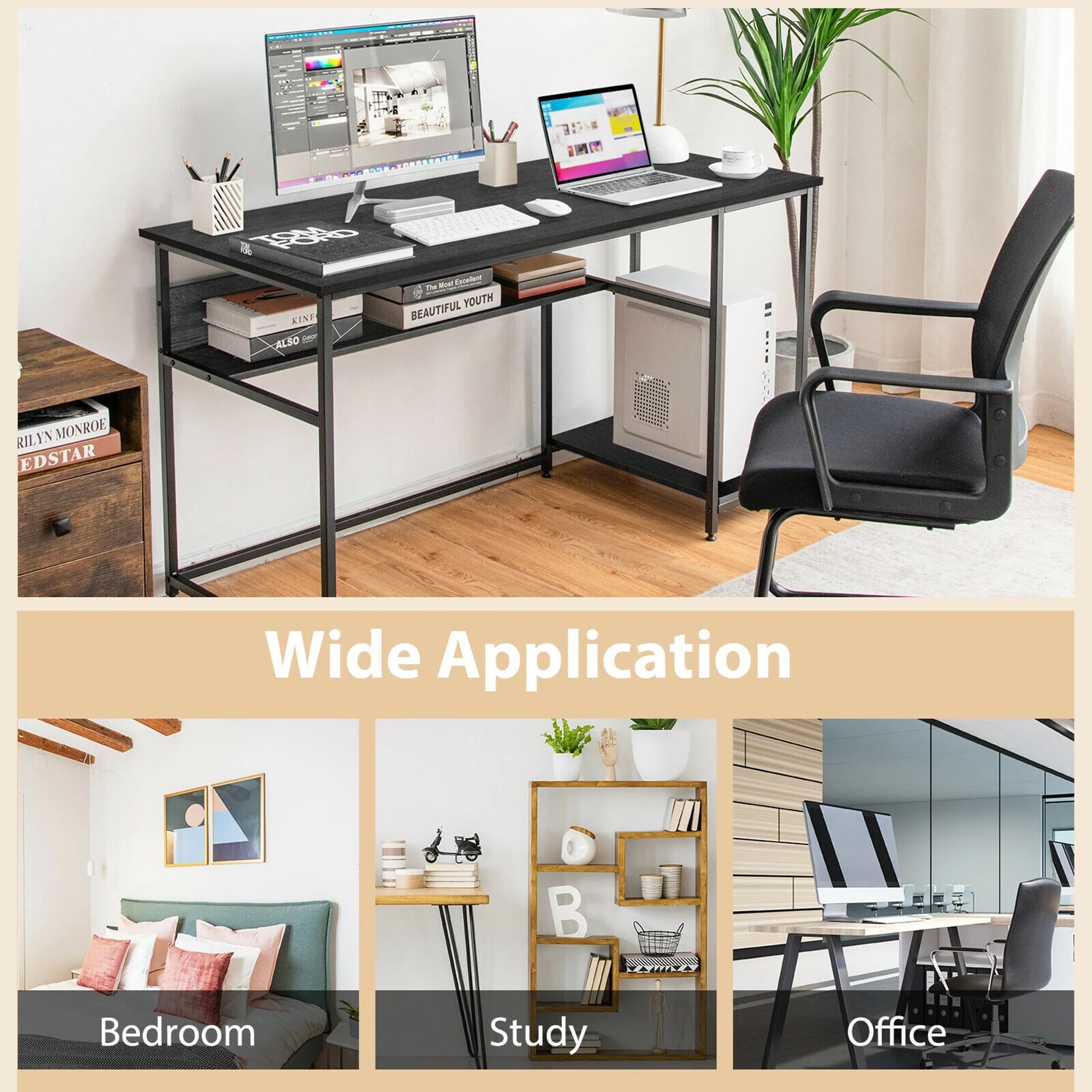 Gymax 55'' Computer Desk Home Office PC Workstation w/ Power Outlets & USB Ports Black