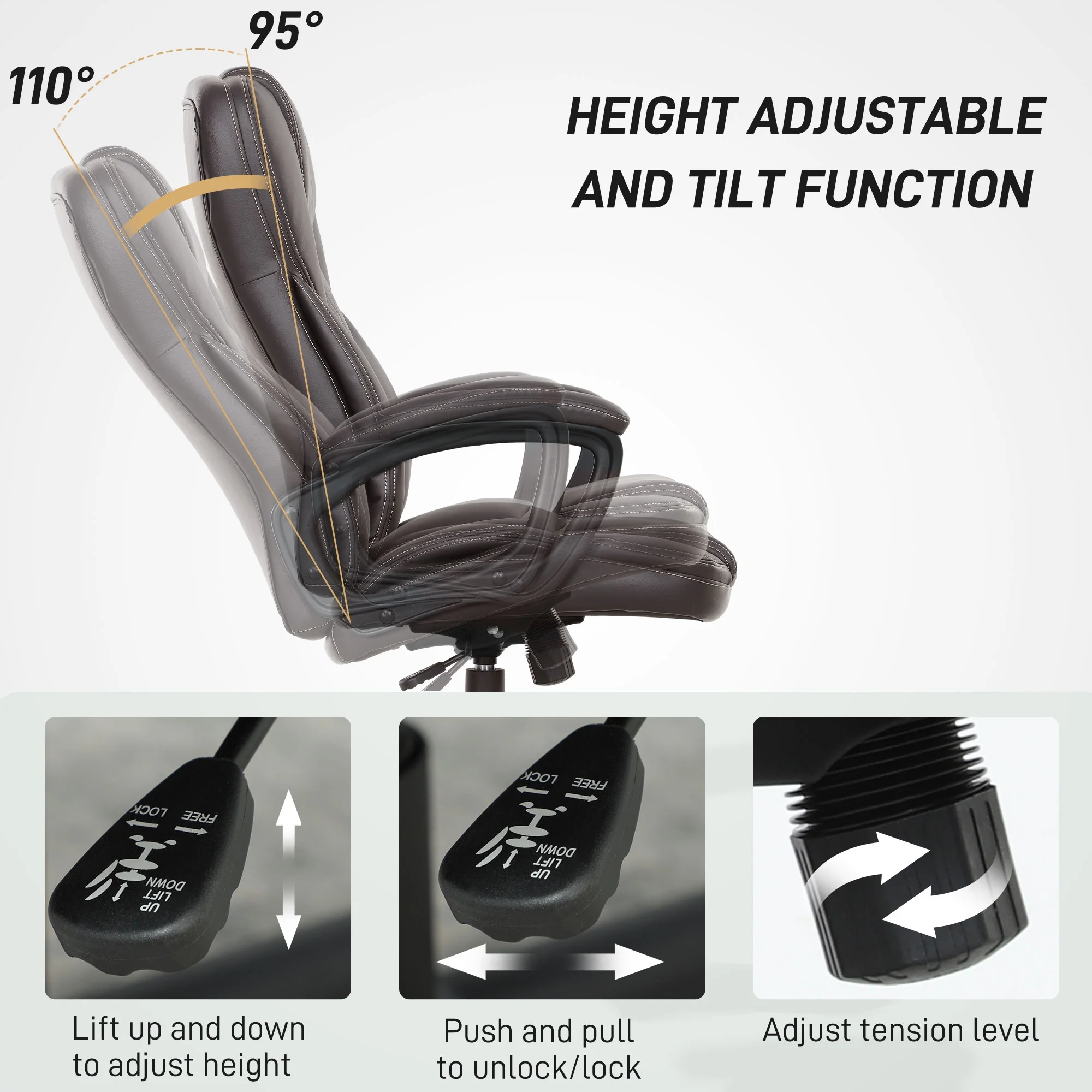 HOMCOM High Back Executive Office Chair, PU Leather Computer Desk Chair with Adjustable Height, Padded Armrests and Swivel Wheels, Black