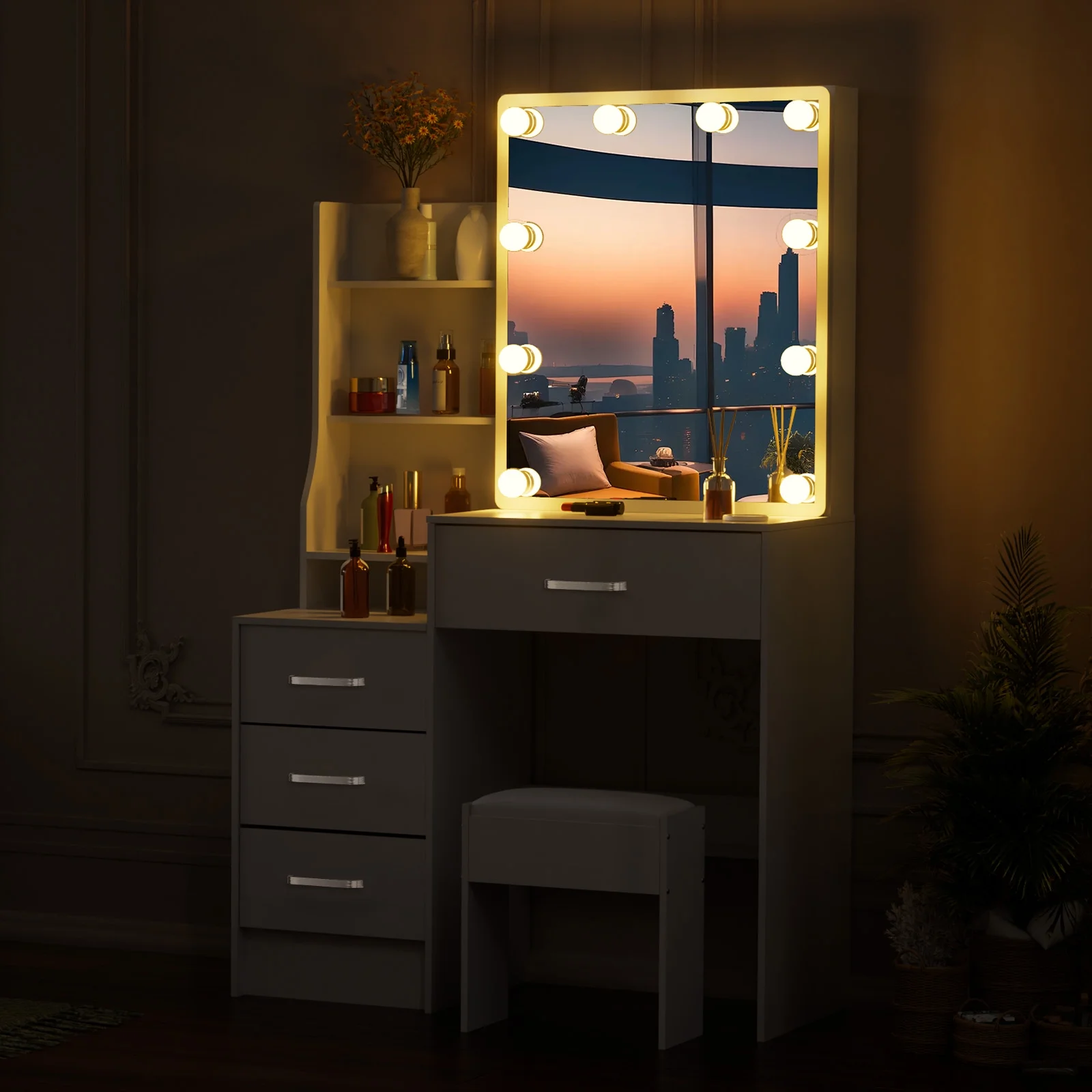 Jarbalai Makeup Vanity Table with Mirror and Lights, Vanity Desk w/ Stool for Girls Dressing, White