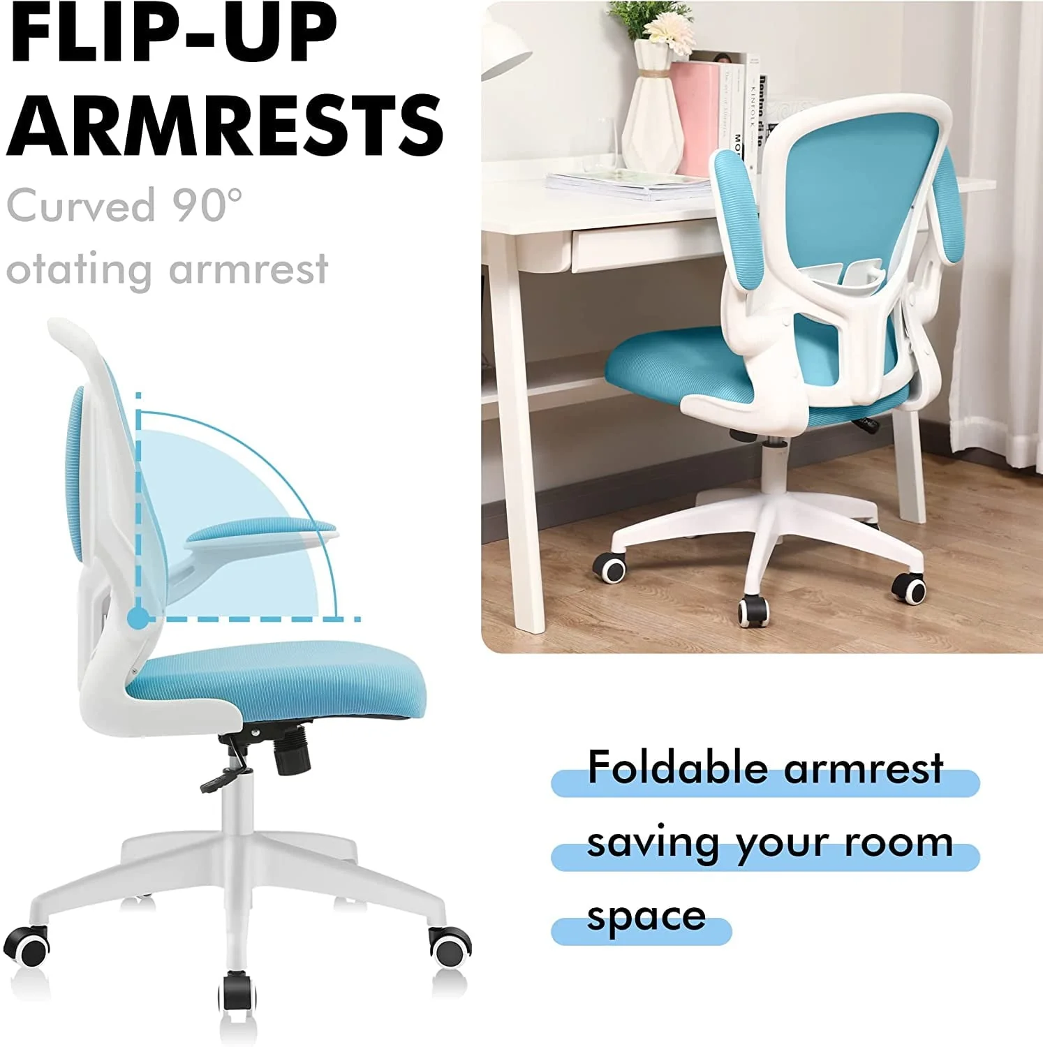 CoolHut Office Chair with Lumbar Support and Flip-up Arms, Ergonomic Desk Chair, Blue