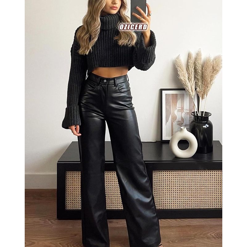 Black Faux Leather Pants for Women High Waisted