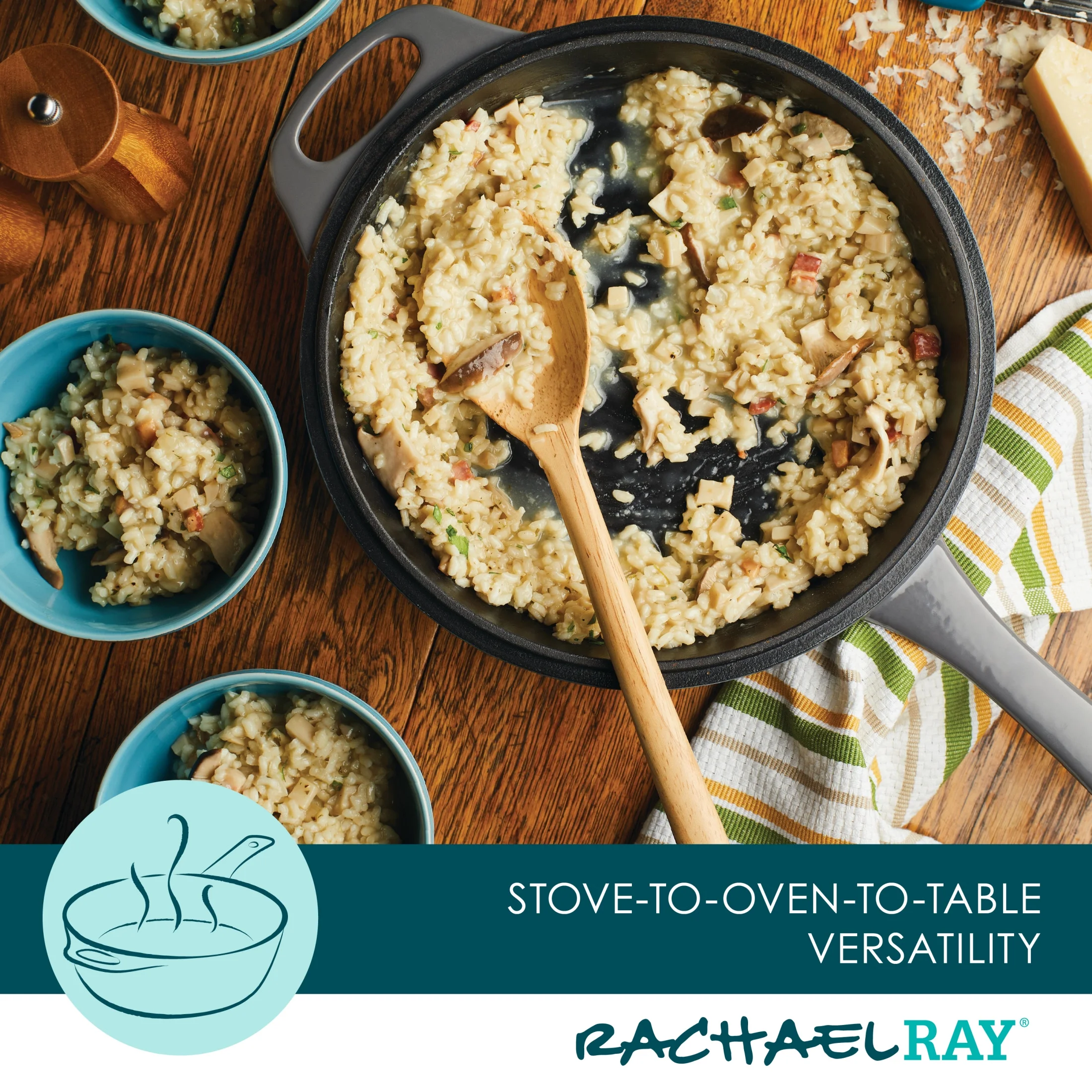 Rachael Ray Enameled Cast Iron 3-in-1 Dutch Oven Skillet Saute Combo, 4 Quart, Gray