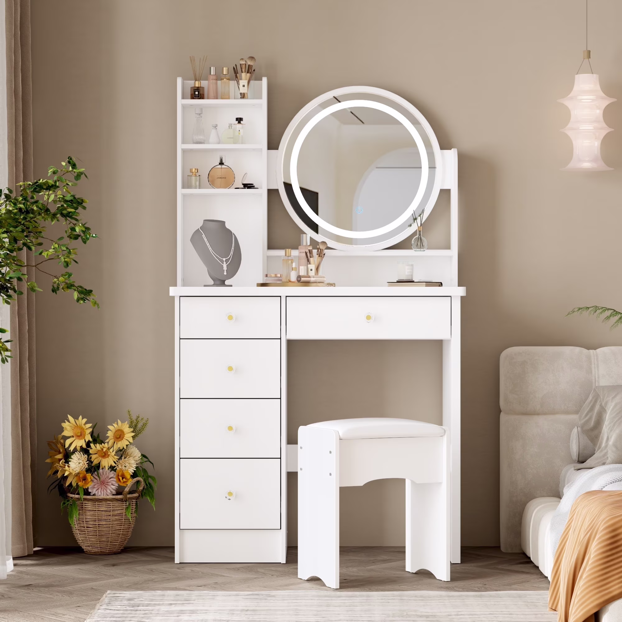 OXYLIFE Makeup Vanity Desk Table with Sliding LED Lighted Mirror, Cushion Stool, 4 Drawers and Shelves, White+Gray