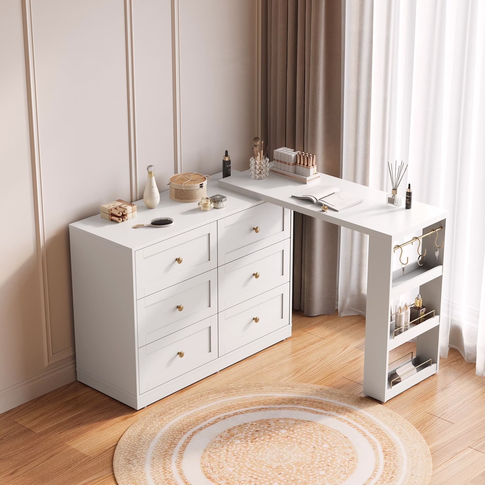 Heynemo Makeup Vanity with 3 Color Dimmable Lighted Hollywood Mirror, Vanity Table with 4 Drawers for Women Girls, Dressing Desk for Bedroom, Beauty Room, Brown