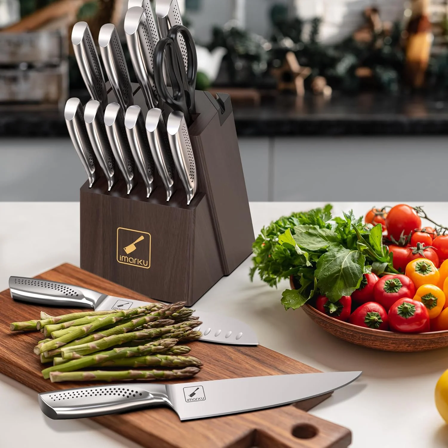 imarku Japanese HC Stainless Steel 15 Piece Kitchen Knife Set, Built in Sharpener, Sharp Knife Set with Point like Ergonomic Handle, Holiday Gift, Home Chef Knife, White