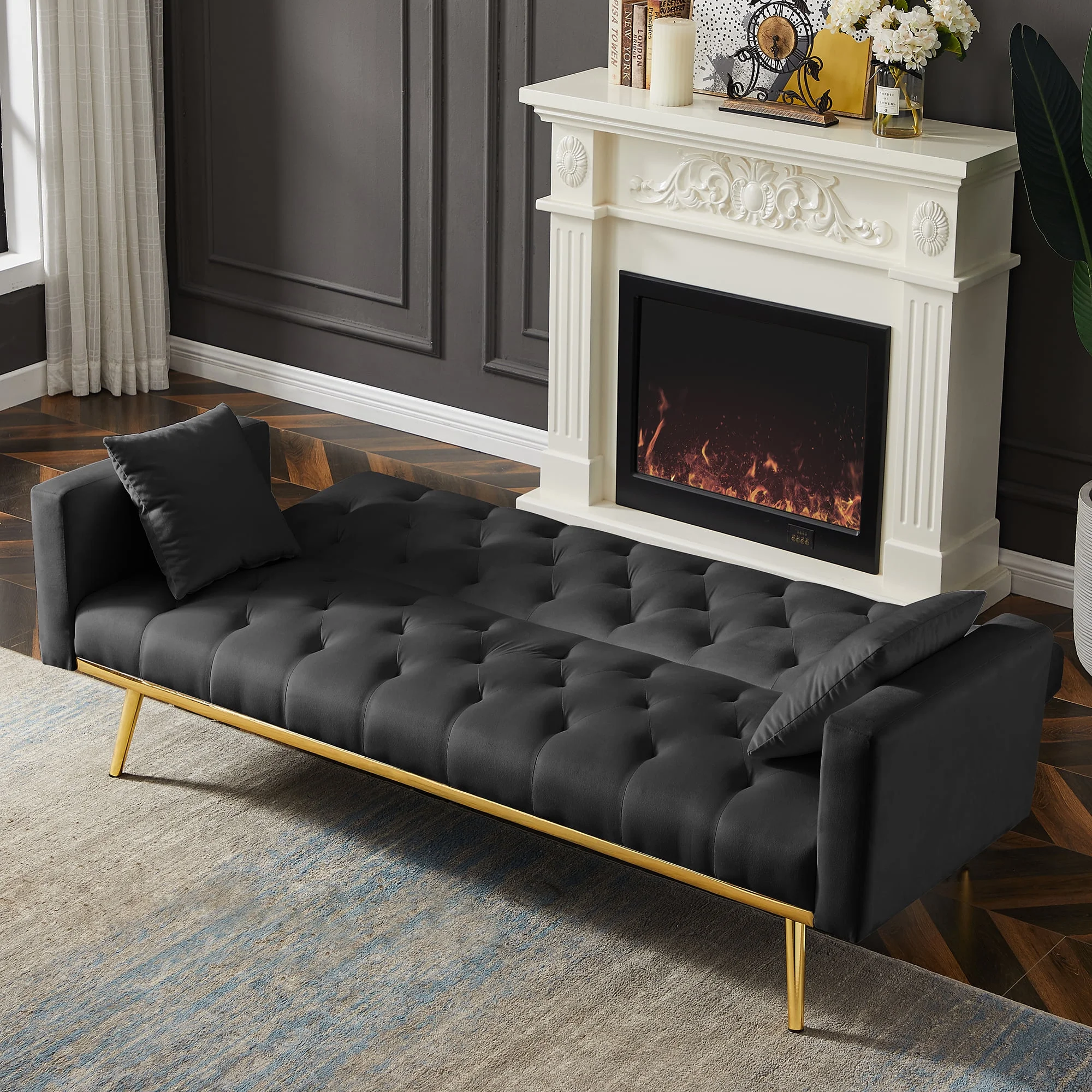Holaki 3 Seat Velvet Convertible Folding Futon Sofa Bed, Sleeper Sofa Couch for Compact Living Space, Black