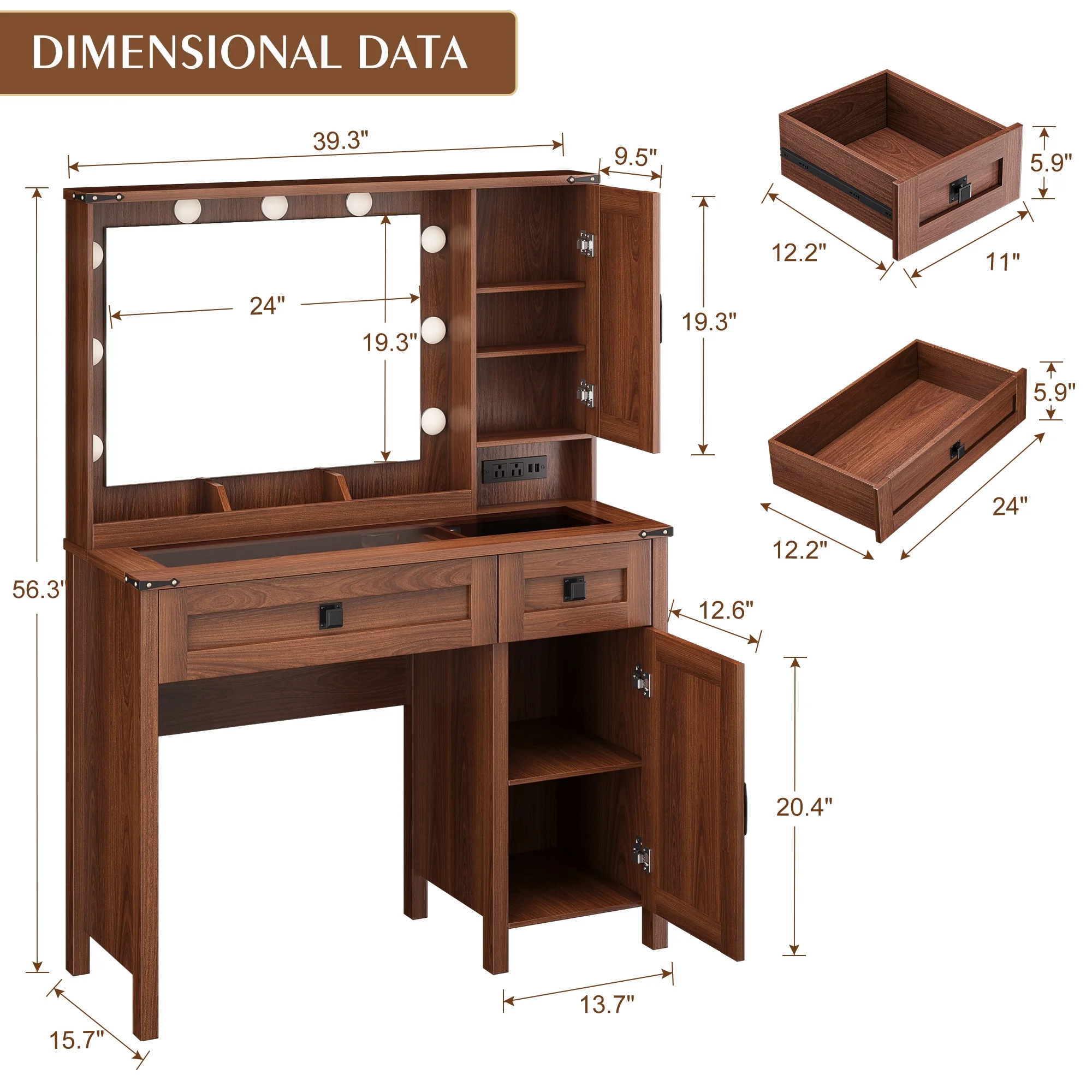 GIKPAL Makeup Vanity, Vanity Desk with Mirror & Glass Top, Farmhouse Vanity with Lights, Charging Station and Drawers, Rustic White