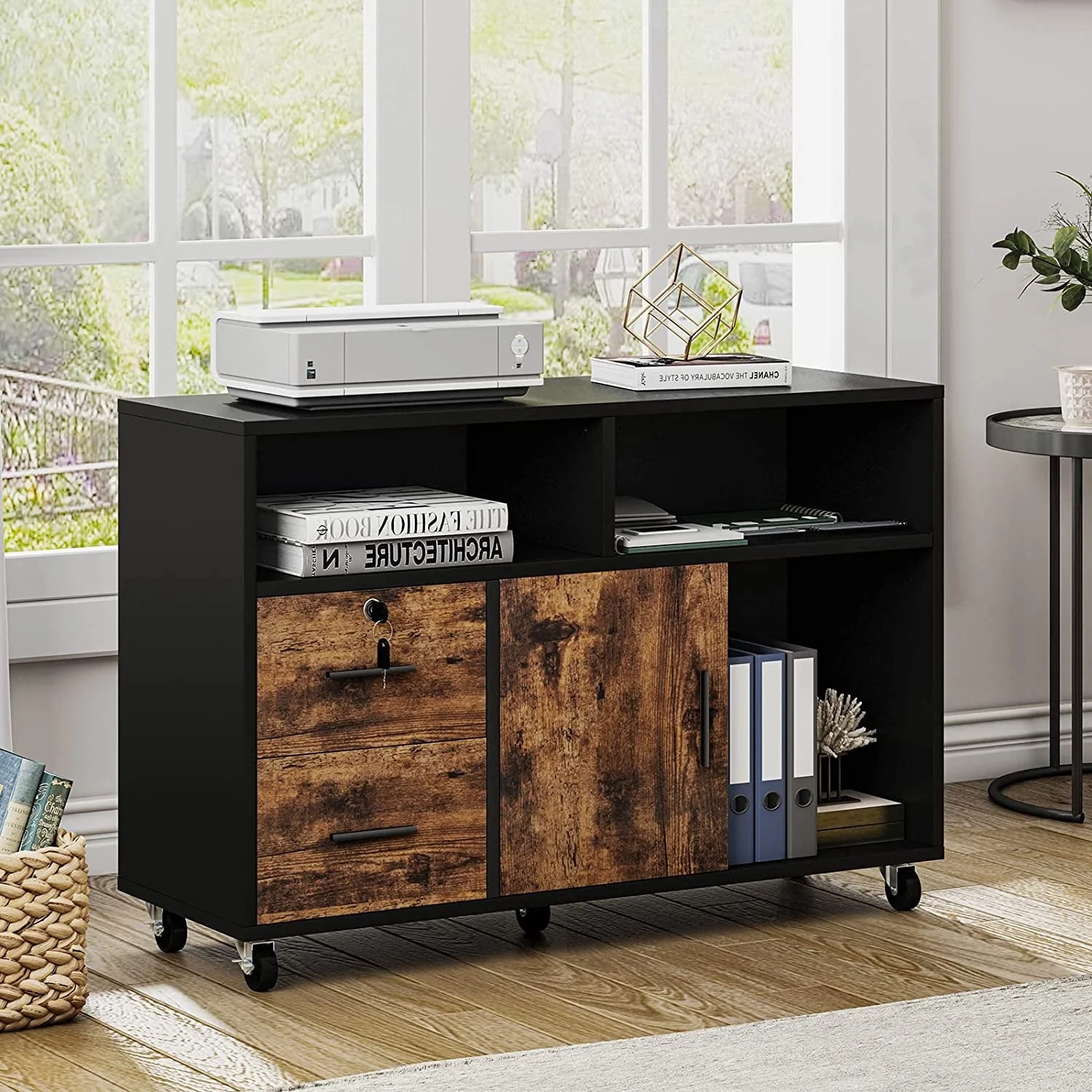Dextrus Wood File Cabinet, 2 Drawer Mobile Lateral File Cabinet Printer Stand with Open Storage Shelves for Home Office, Black & Rustic Brown
