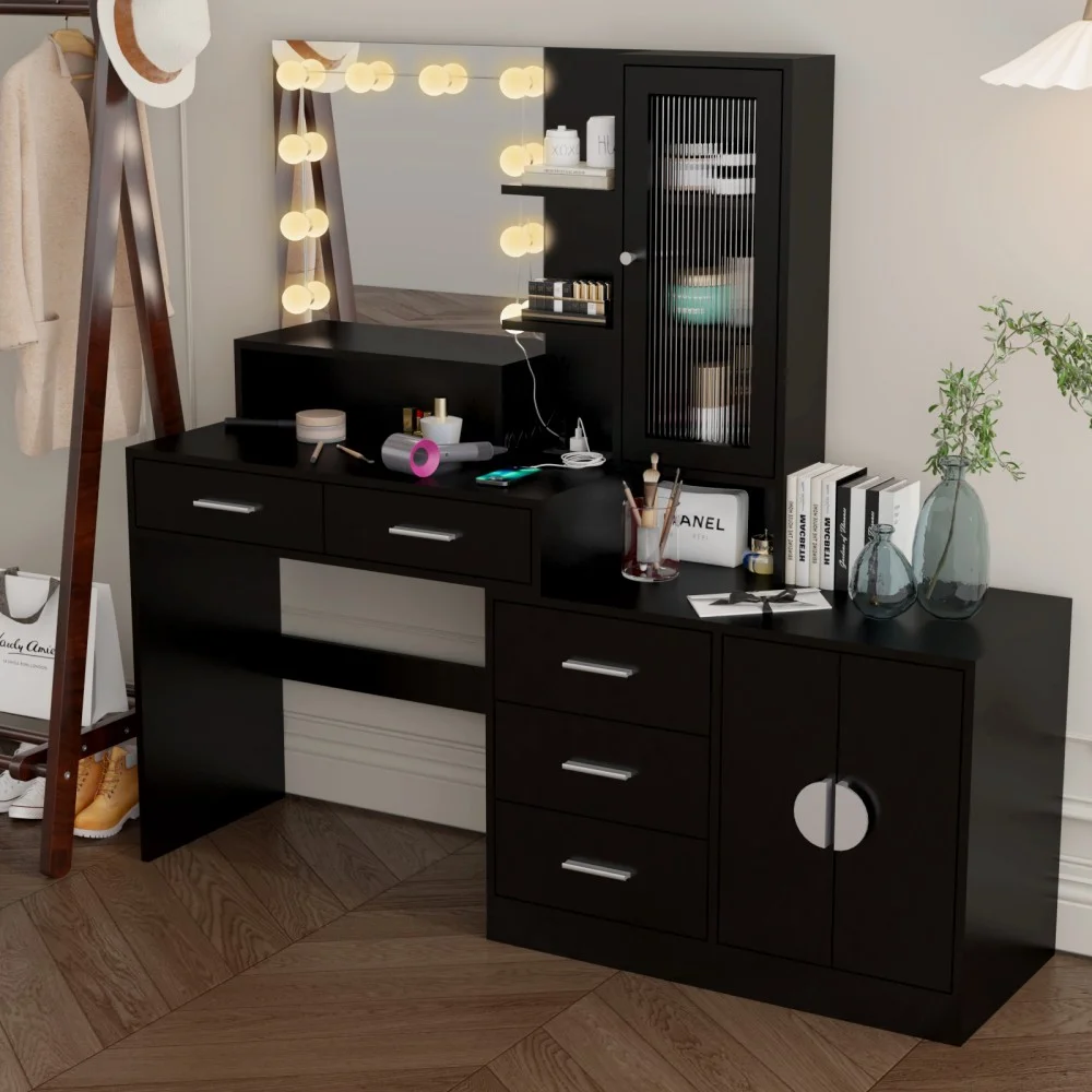 IVV Vanity Desk with Lighted Mirror and Charging Station, Makeup Dressing Table with 5 Drawers and Storage Cabinet, 10 LED Bulbs, 3-Color Lighting Modes, Brightness Adjustable, Black