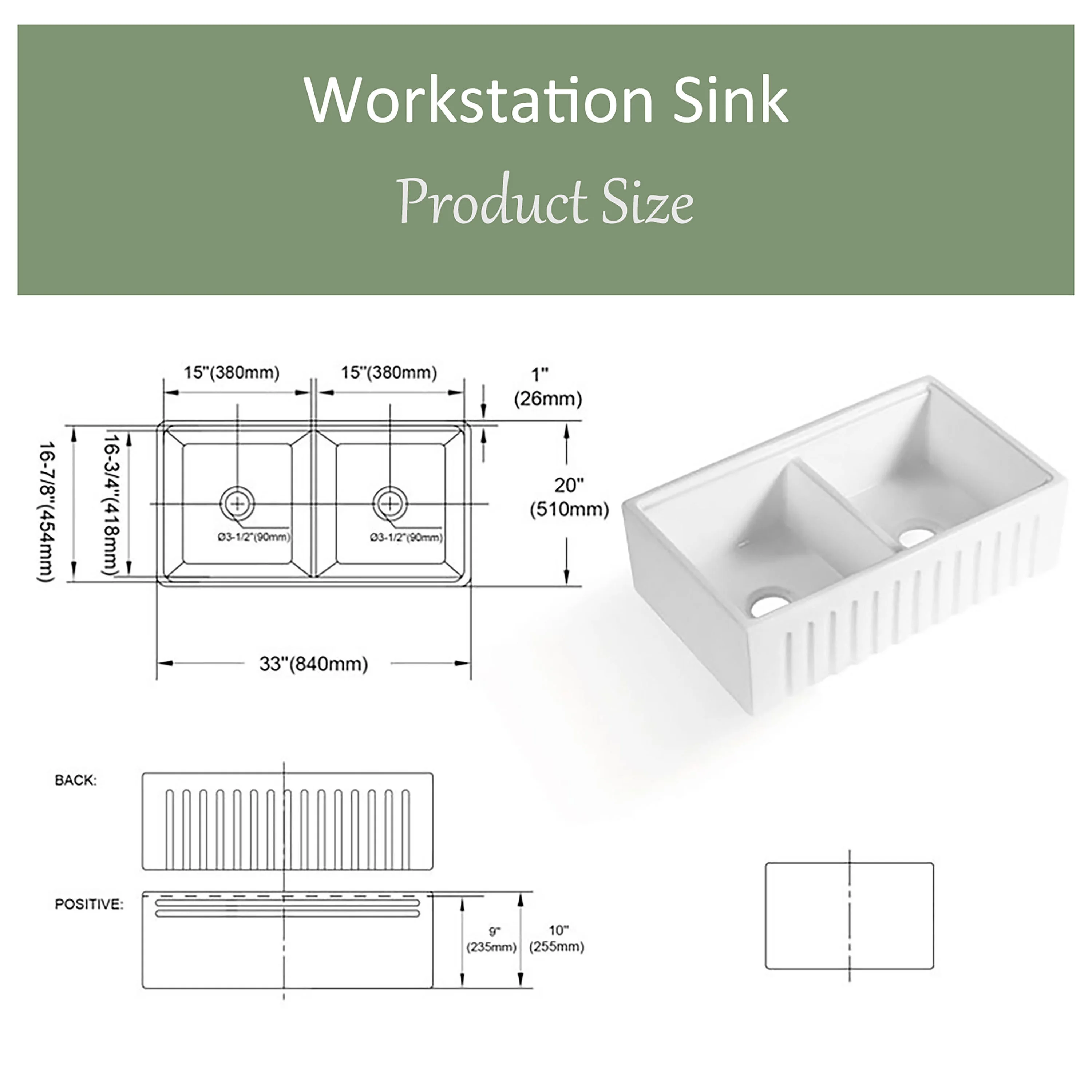 MEJE #KS3320 33x20 inch 50/50 Double Bowl , Ceramic Apron-front Step Rim Workstation Farmhouse Kitchen Sink , with Cutting Board ,Grid & Strainer - White
