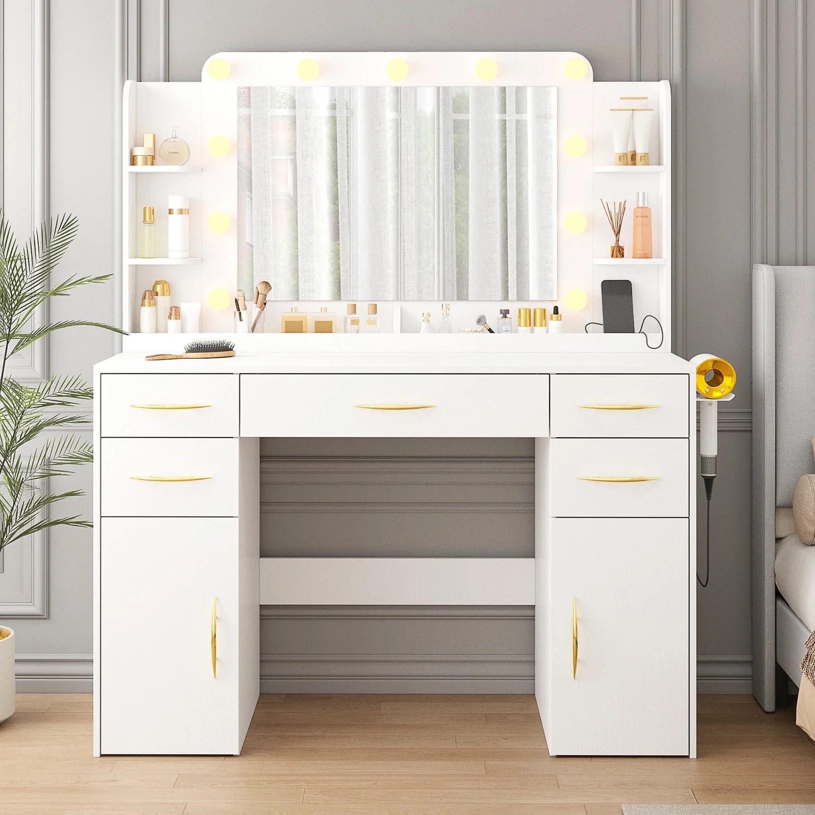 Tomnk woo White Makeup Vanity Desk with Large Mirror, Adjustable Lights, Storage Drawers & Power Outlets