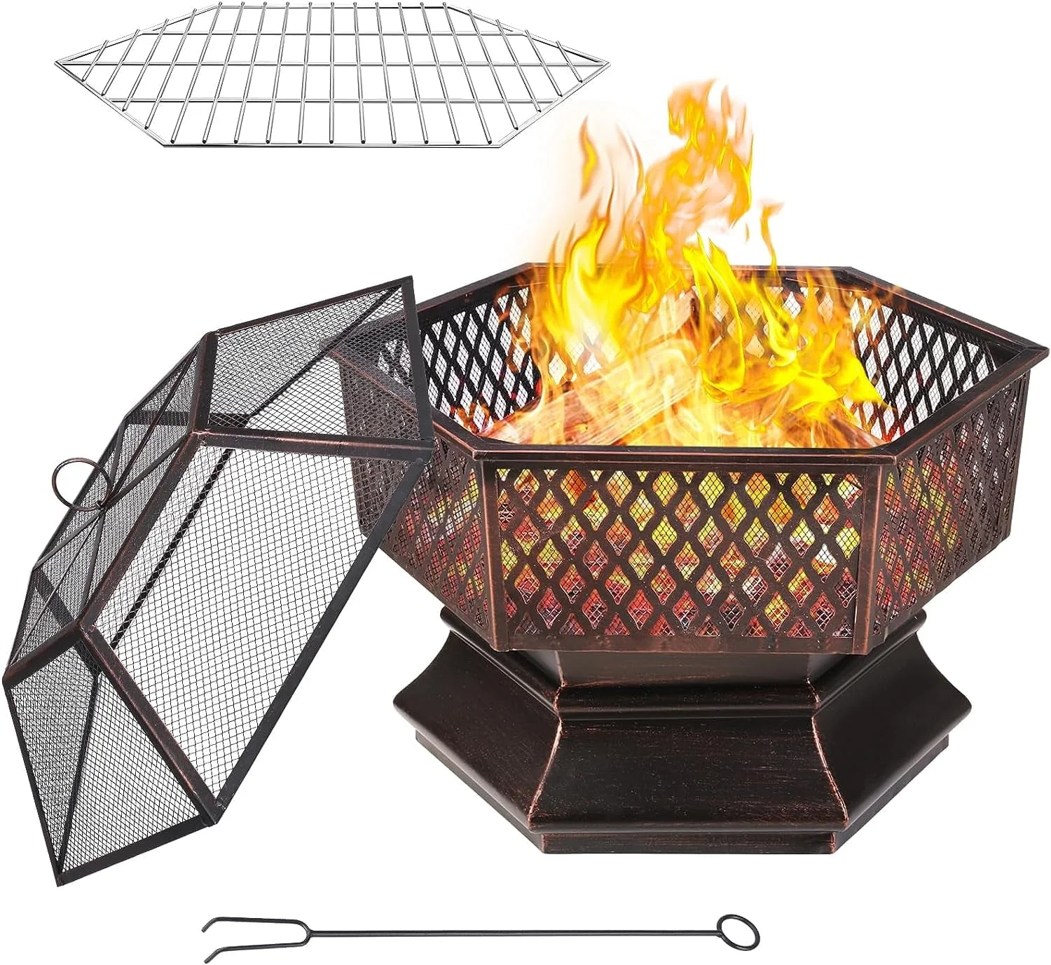 Arlopu 30'' Hex Shaped Steel Fire Pit for Outside, Wood Burning Fireplace Fire Bowl with Spark Screen & Fire Poker for Patio, Backyard, Camping