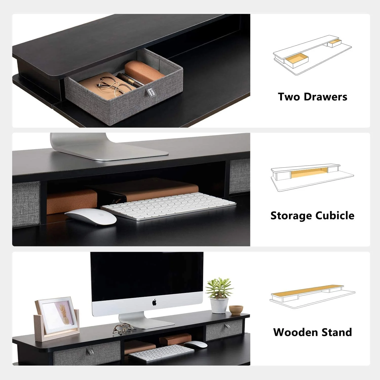 Fezibo Height Adjustable Electric Standing Desk with Drawers and Storage Shelf, Sit Stand Desk with Splice Board, Black Finish, 55