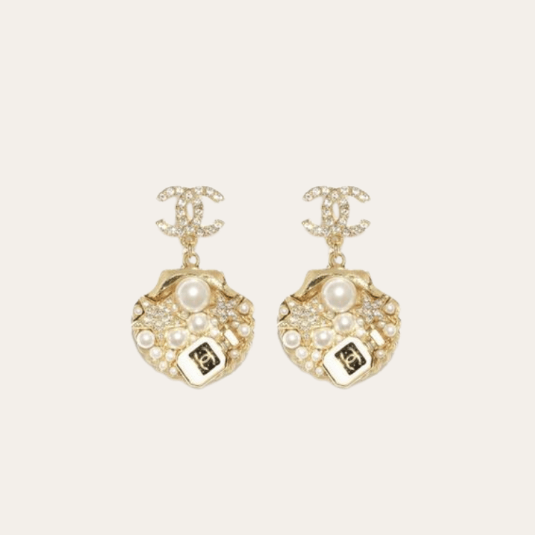 Chanel Cc Logo Seashell Drop Earrings With Pearls And Rhinestones Gold-Tone