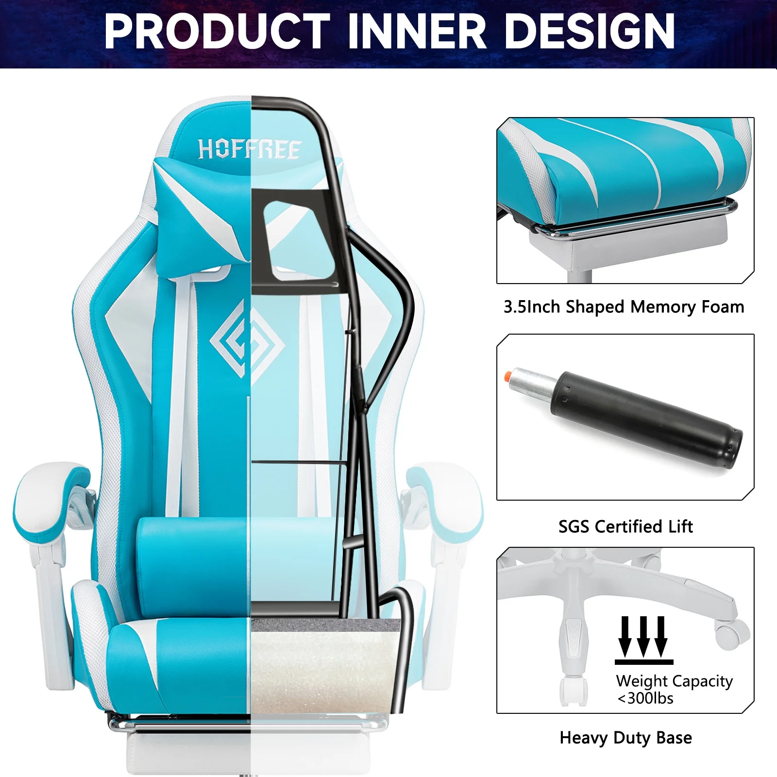 Hoffree Gaming Chair with Massage PU Leather Office Chair with Footrest and LED Light Ergonomic Gamer Chair Lumbar Support Adjustable Headrest High Back Computer Desk Chair for Home Office