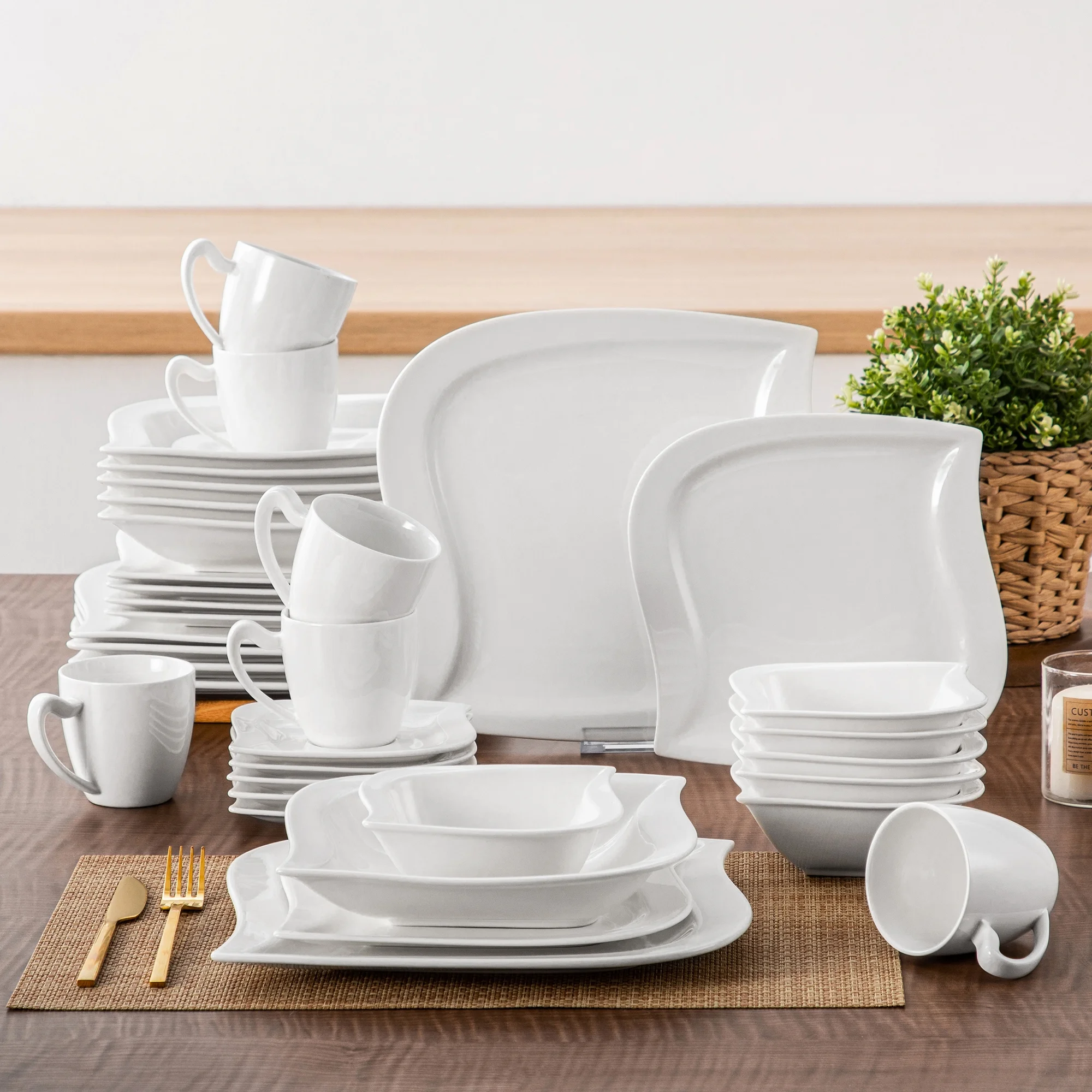 vancasso 36 pcs Dinnerware Sets, Plates and Bowls Set for 6, Porcelain Dinner Set, Marble Gray