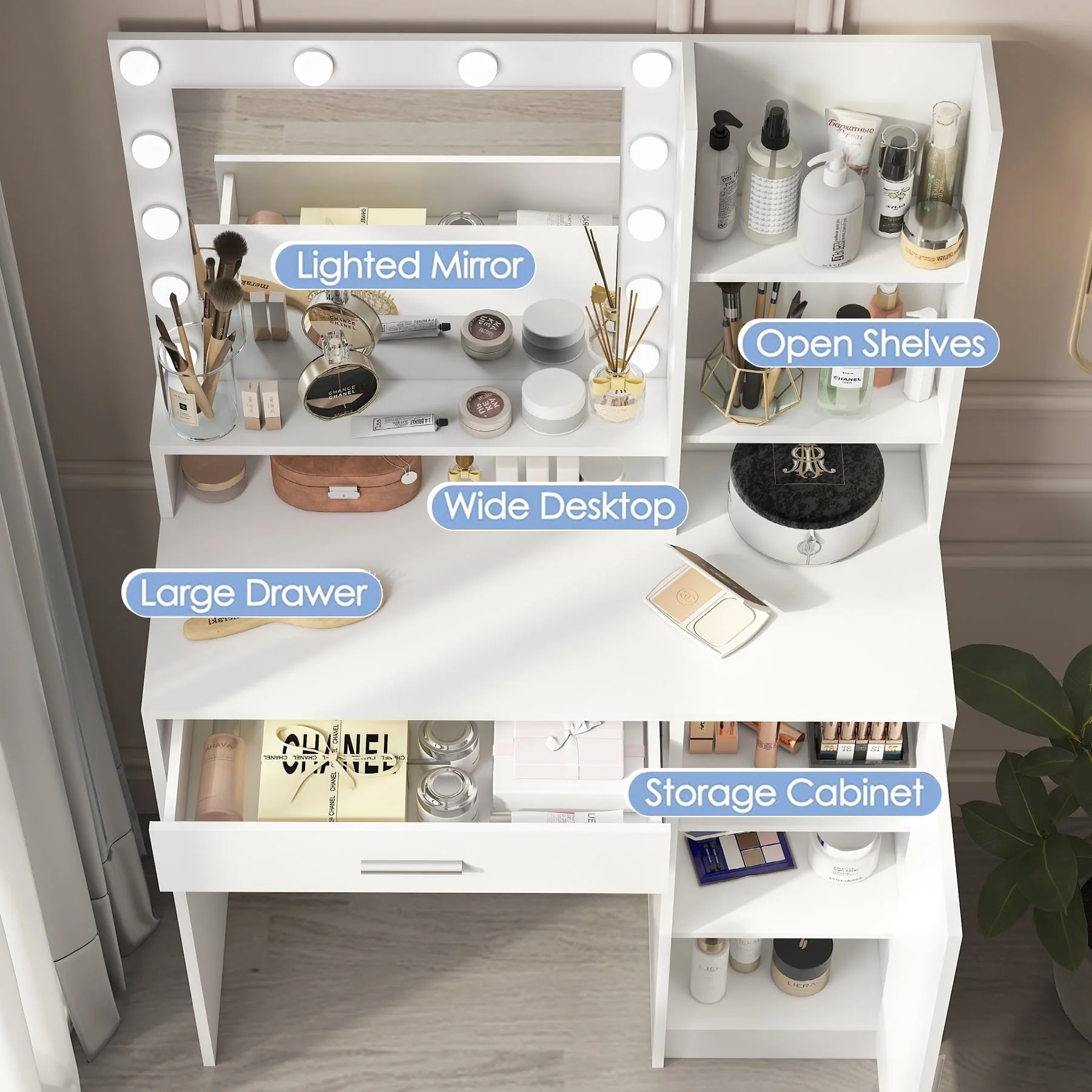 Palimder Vanity Desk, Large Drawer & 3 Level Storage Dresser, Bedroom Dressing Table White