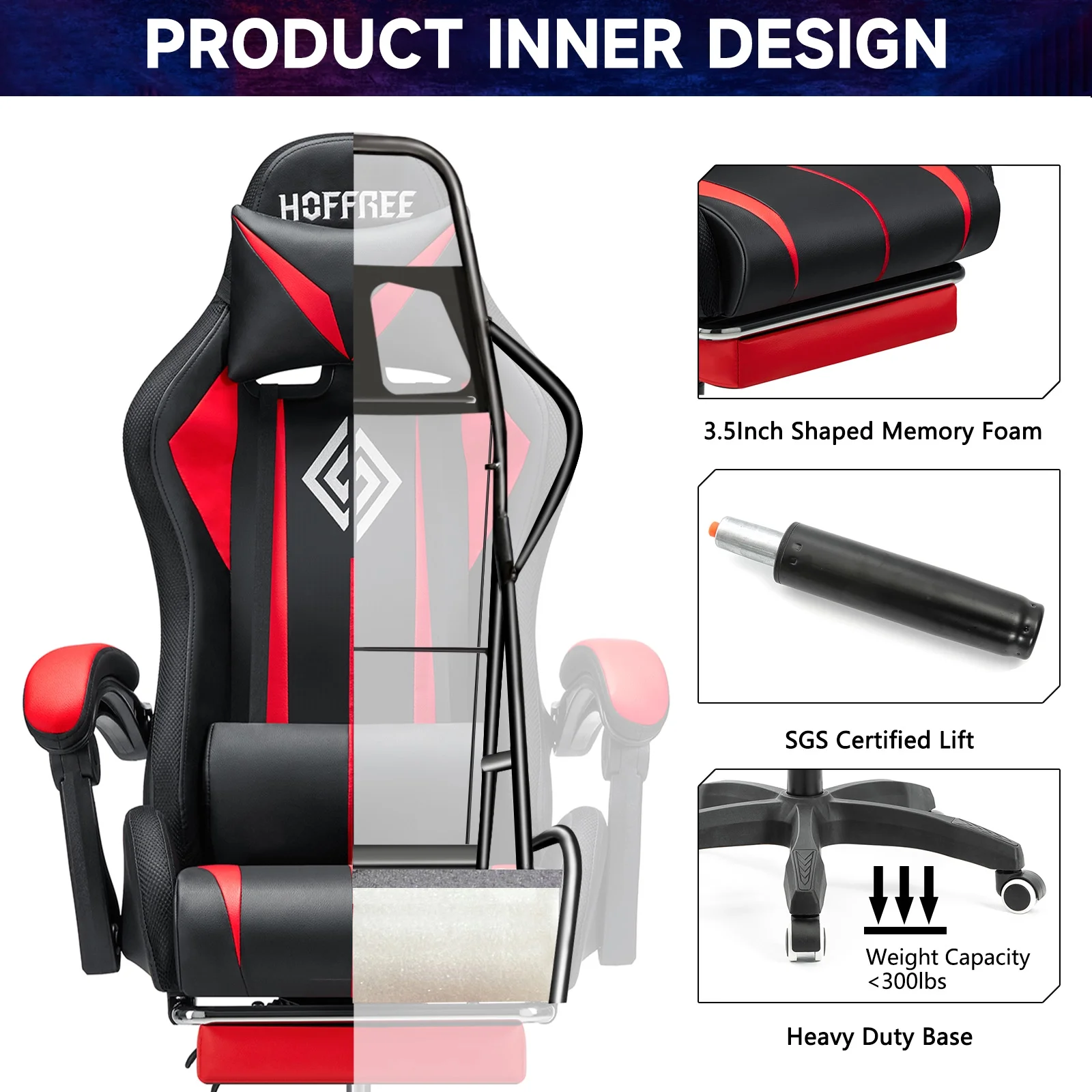 Hoffree Gaming Chair with Massage PU Leather Office Chair with Footrest and LED Light Ergonomic Gamer Chair Lumbar Support Adjustable Headrest High Back Computer Desk Chair for Home Office