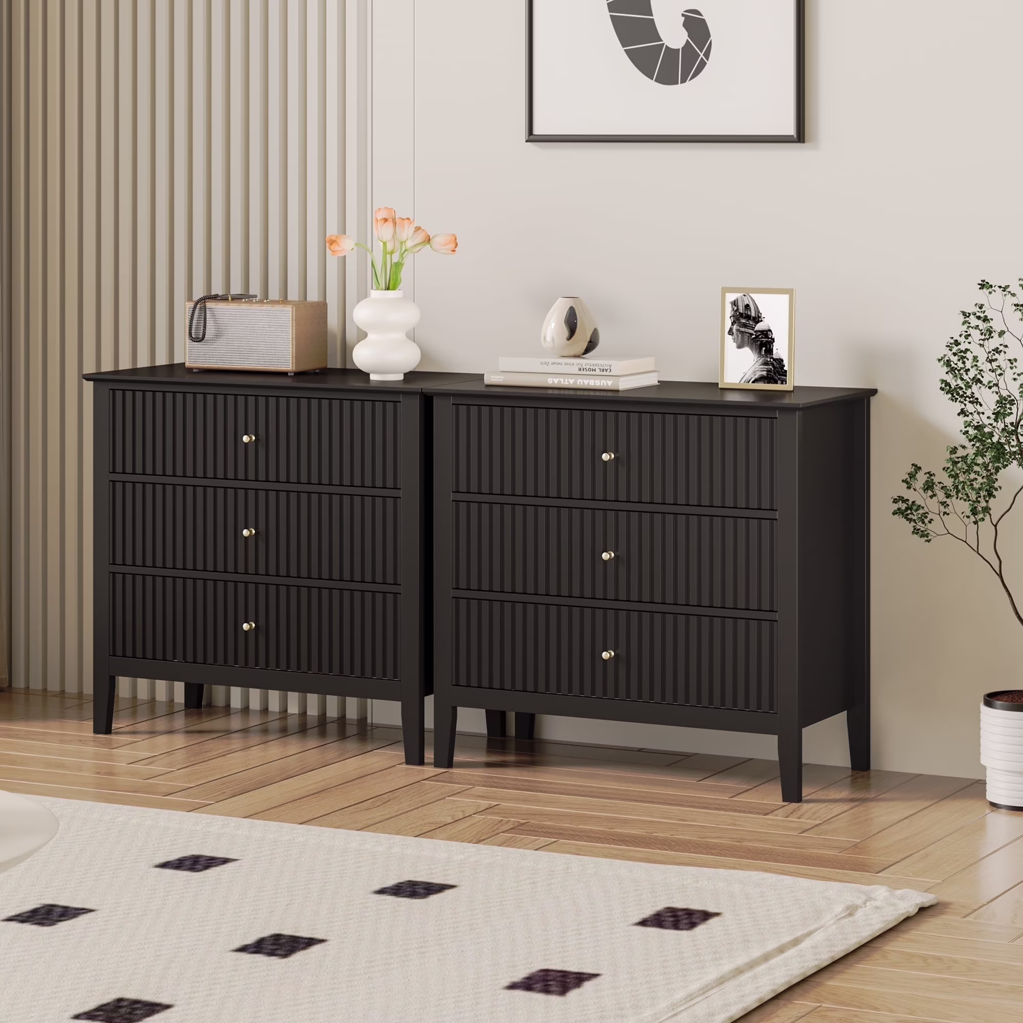 May Color Large White 3 Drawer Dresser Set of 2 with Fluted Panel, Modern Chest of Drawers with Silent Slide Drawers, Wood Accent Nightstand with Storage for Bedroom Living Room, Hallway