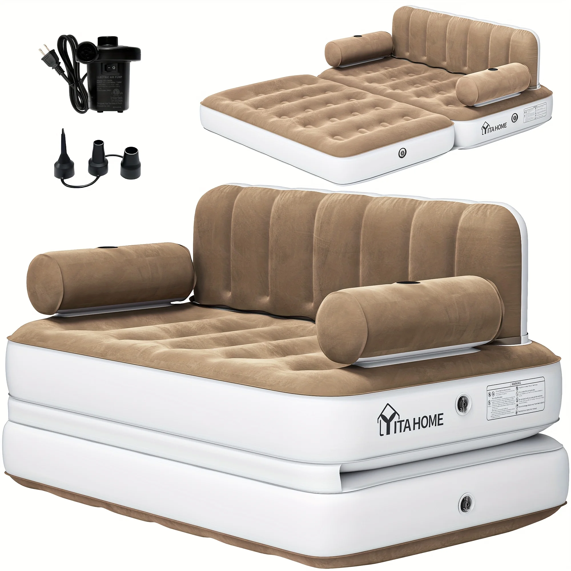 Inflatable Air Sofa Bed 2-in-1 Backrest Couch Airbed With Headboard And Pump Convertible Blow Up Bed Mattress For Home, Camping, And Guests, Living Room Furniture, Queen Size