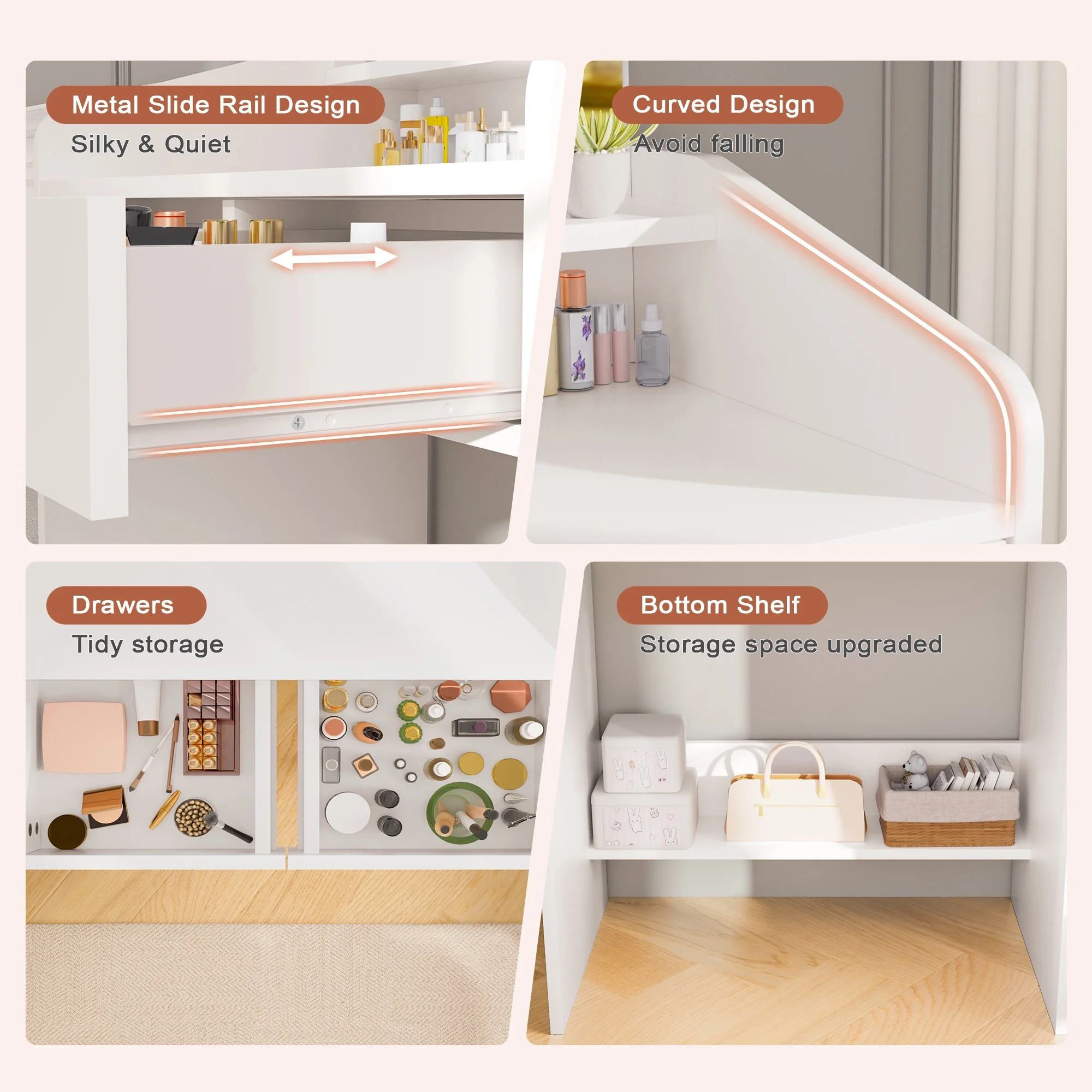 LIVELYGLOW Vanity Desk Set with Square Mirror and Light- Small Vanity Table with Drawers- White