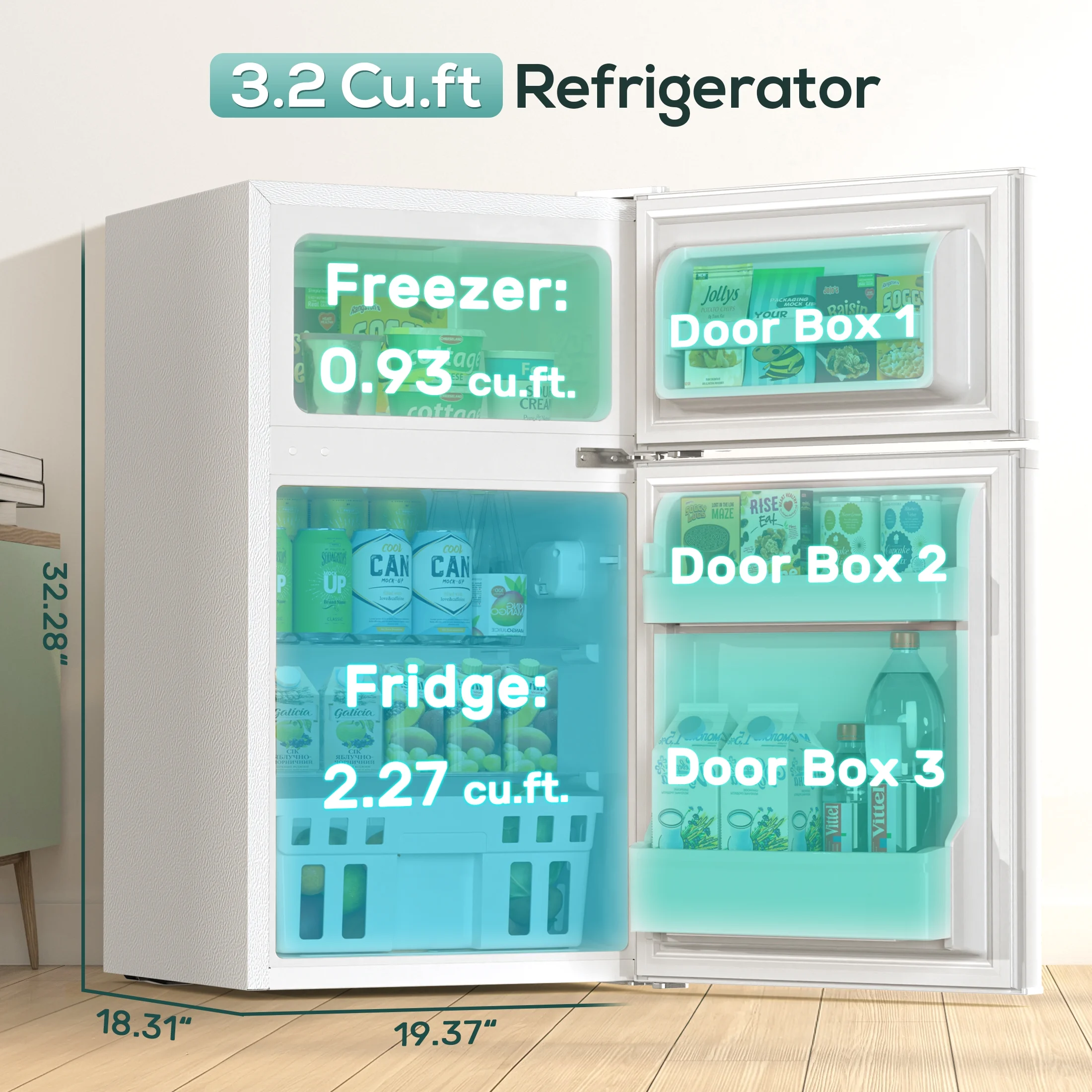 Moifoi 3.2 Cu.Ft Two-Door Compact Refrigerator, Stainless Steel Door, Black