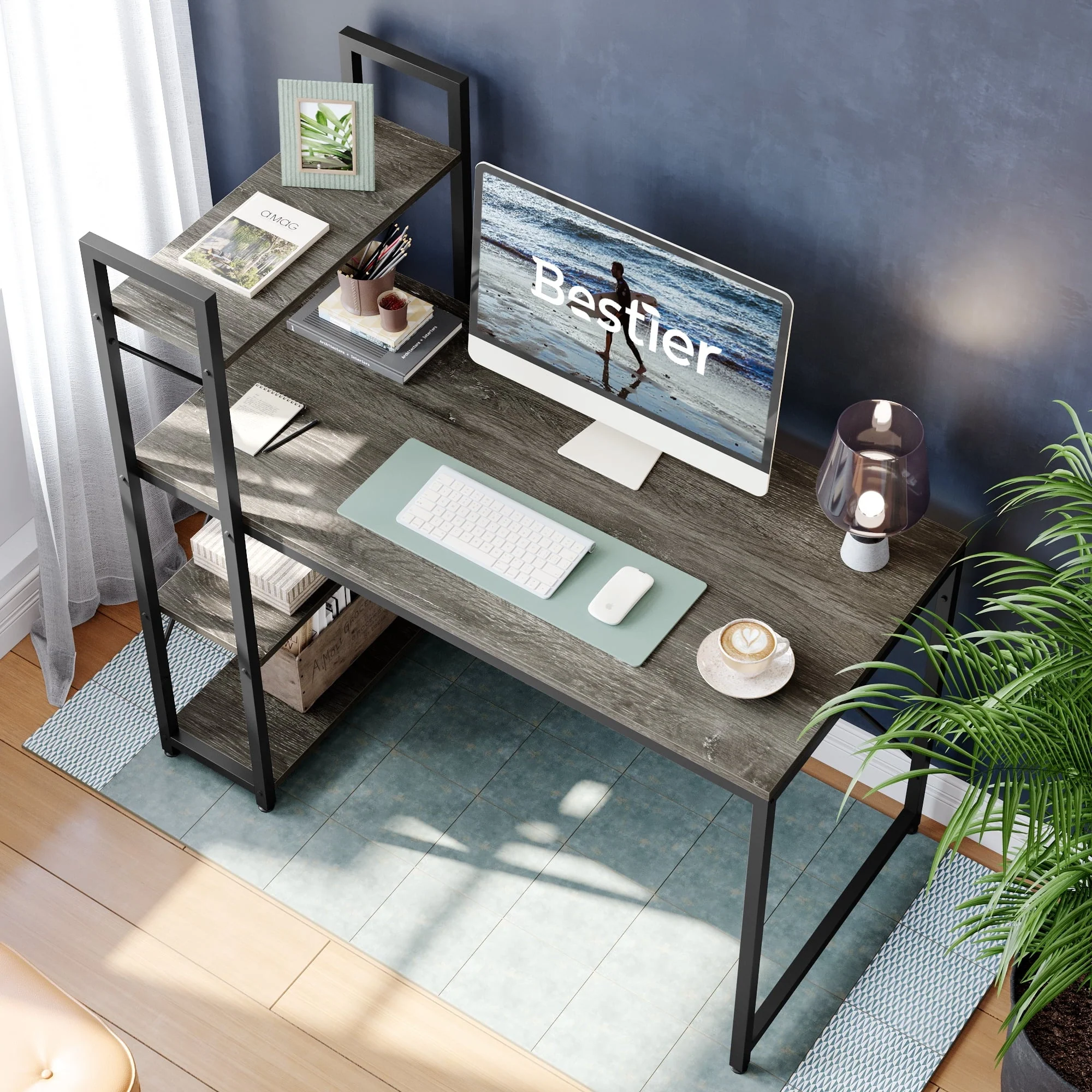 Bestier 47'' Computer Desk with Shelves for Home Office Retro Grey Oak-Dark Finish