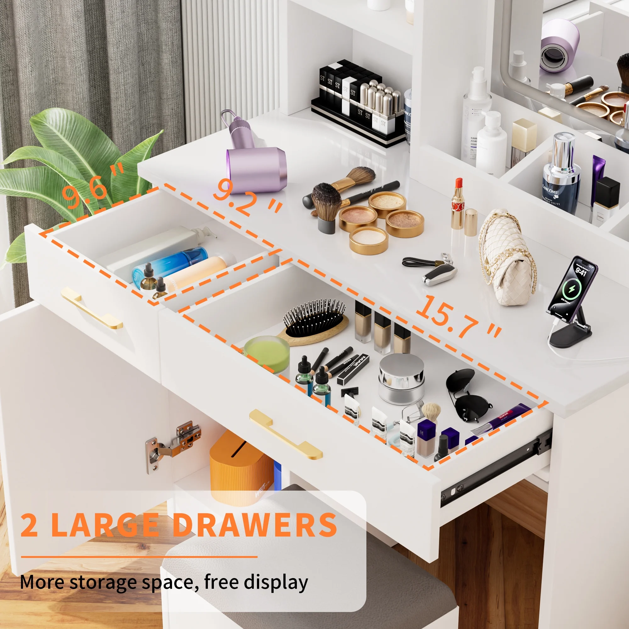 Furnibear Vanity Desk Set with Mirror and Light, Makeup Table with 2 Drawers and Cabinet, Power Outlet and 3 Color Modes Brightness Adjustable