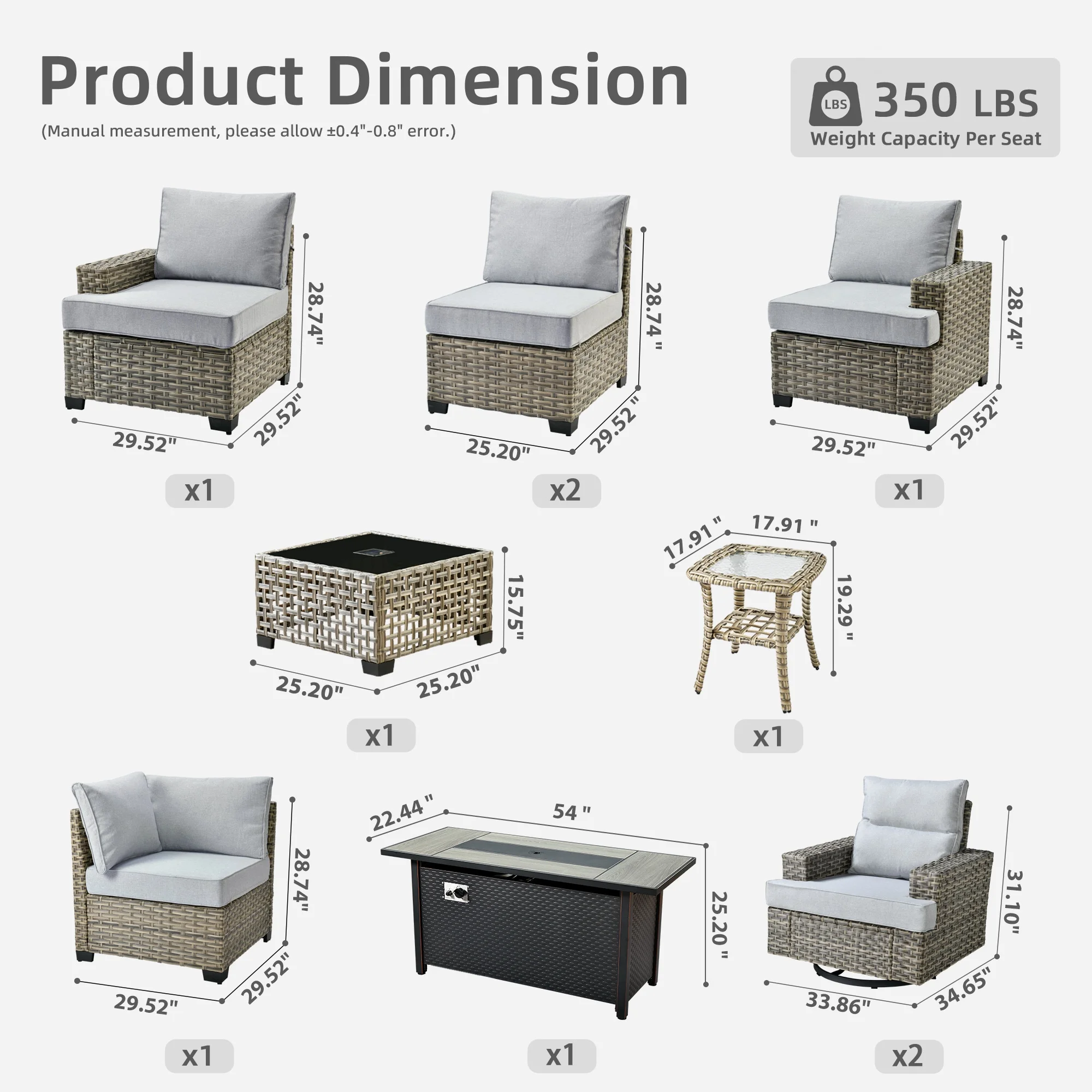 Ovios 10 Pieces Outdoor Patio Furniture Modern High-Back All-Weather Wicker Sectional Conversation Set with Propane Fire Pit Table & Swivel Chair, Dark Gray
