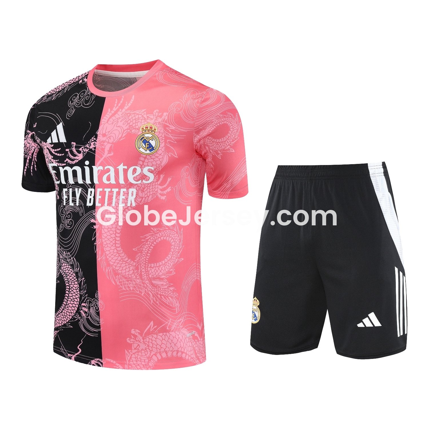 Real Madrid 25-26 Short-Sleeve Training Set - Pink-Black Dragon Top & Black-White Shorts