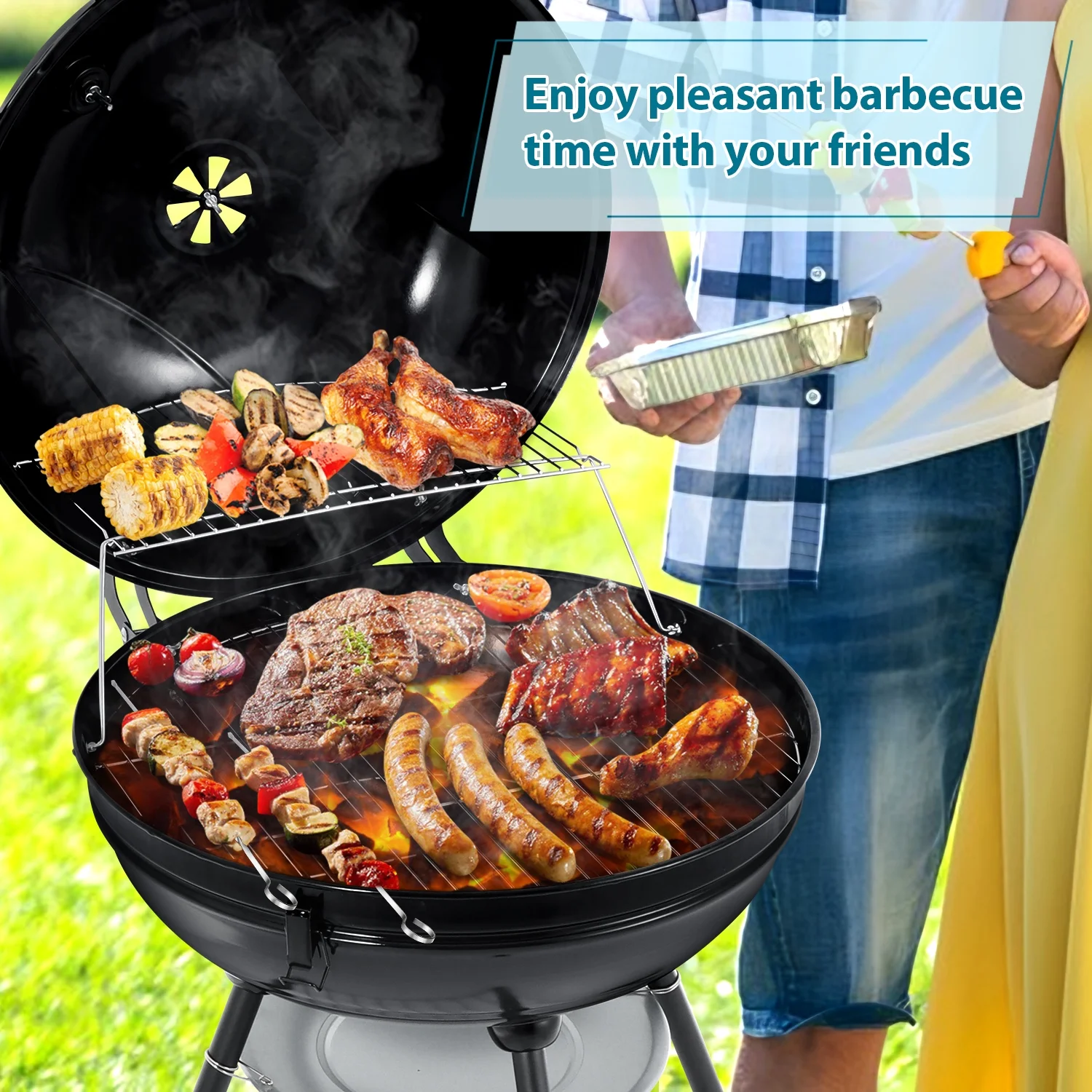 Walchoice 22 inch Charcoal Grill with Wheels & Temperature Gauge, 2 Layer Grilling Racks Heavy Duty Barbecue Grill for Backyard Camping BBQ Cooking, Black Enamel Lid & Bowl