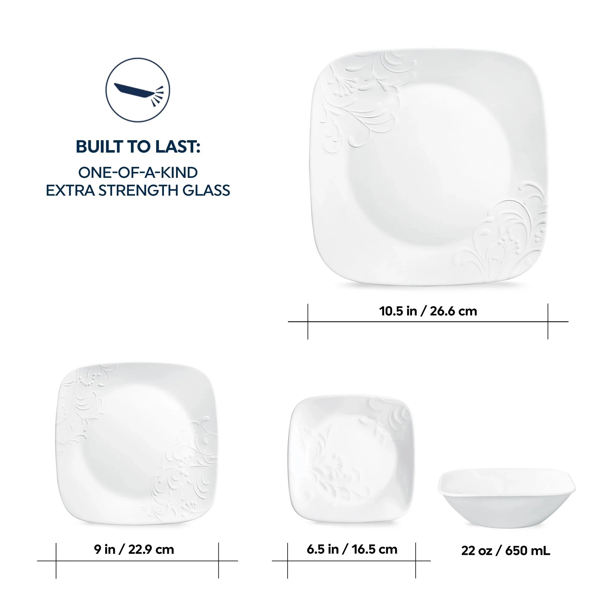 Corelle Cherish 16-Piece Embossed Square Glass Dinnerware Set (Service for 4)