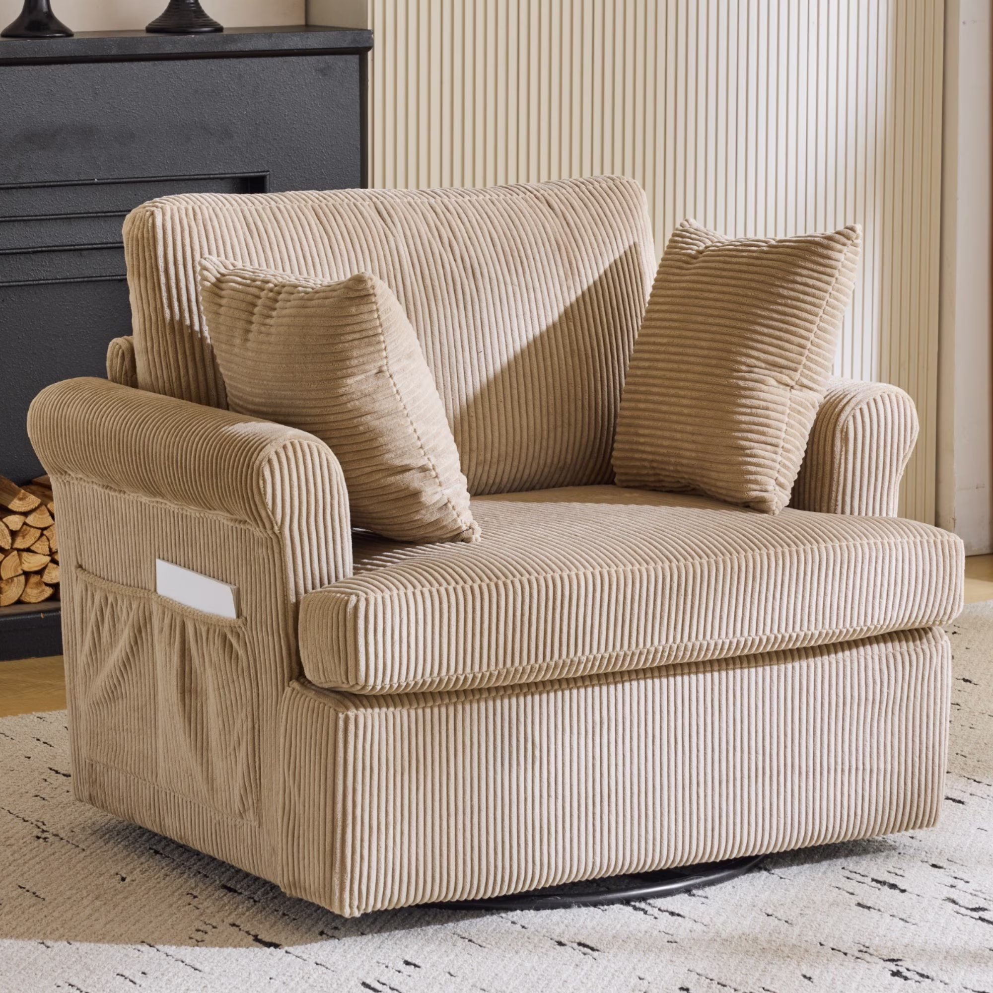 Ktaxon Swivel Accent Chair, 360-Degree Rotation Reading Chair, Corduroy Fabric Sofa with Armrest Pockets, Solid Metal Base, Perfect for Living Room Bedroom Black